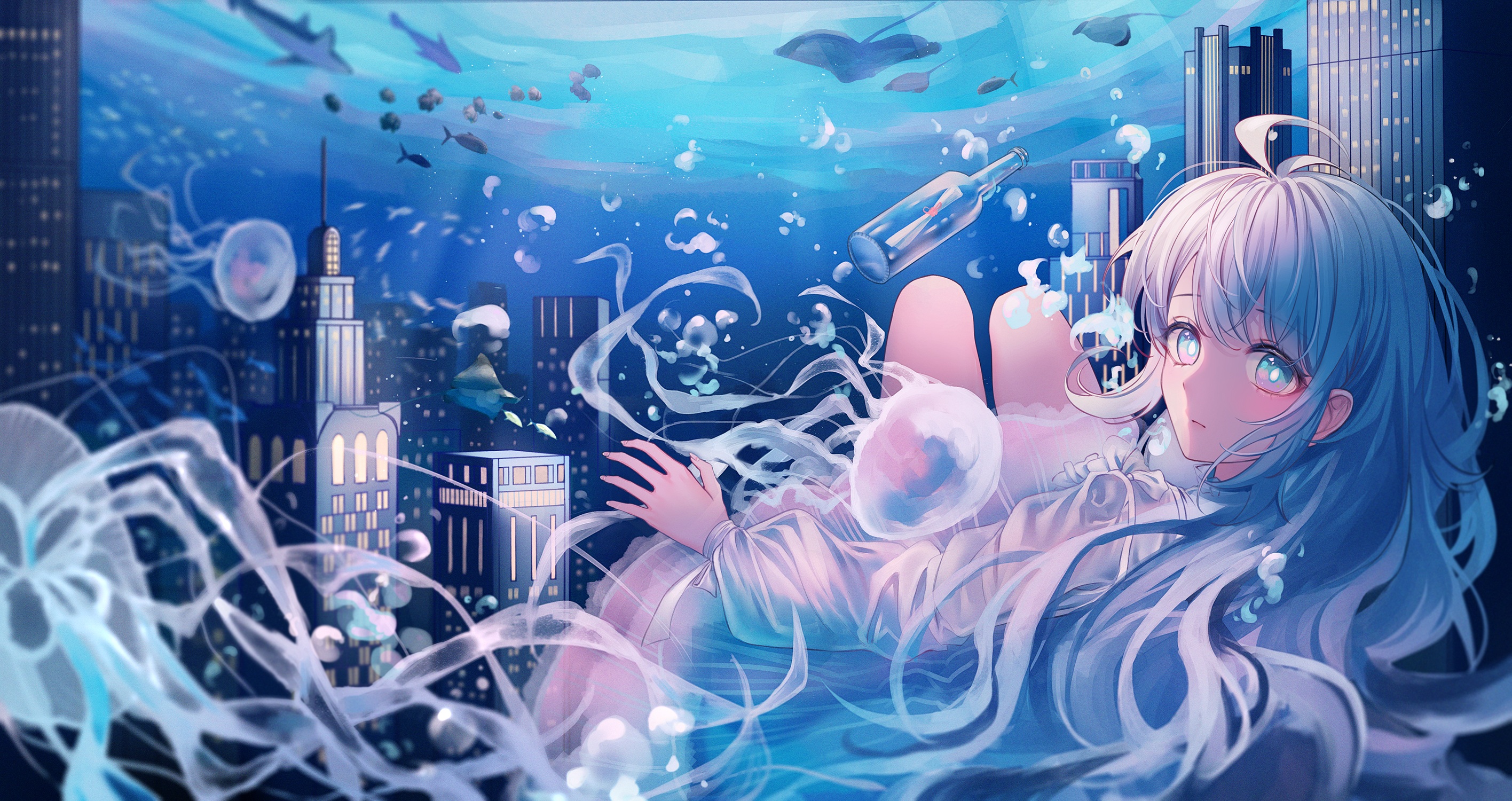 Anime Anime Girls Lium Artwork Underwater Dress Long Hair 2832x1500