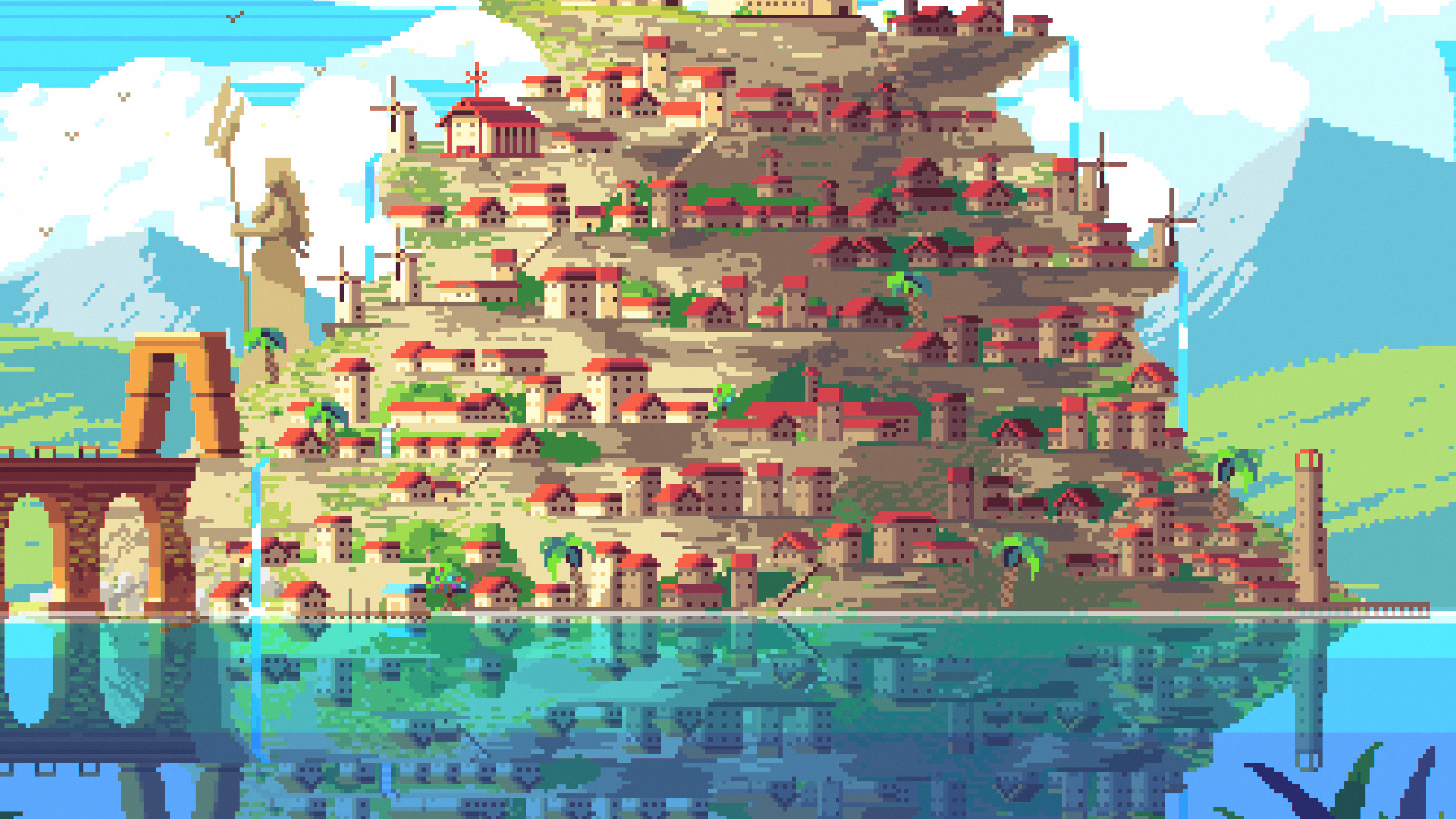 Pixel Art LakeSide Massive Galaxy Studios 4K Building City Lake Clouds Mountains 3840x2160