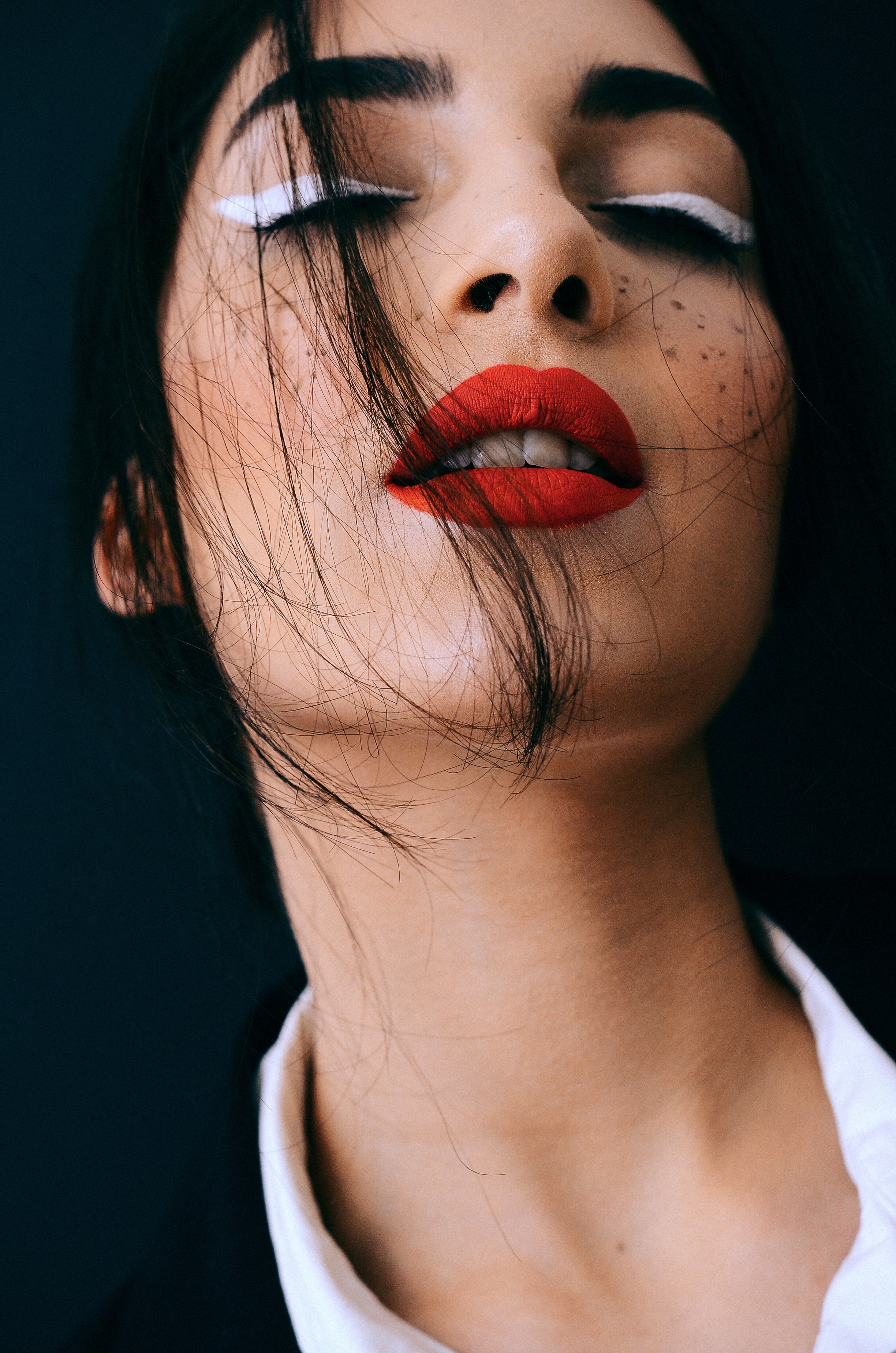 Women Red Lipstick Lips Portrait Vertical Brunette Makeup Closed Eyes Painted Freckles 2448x3696
