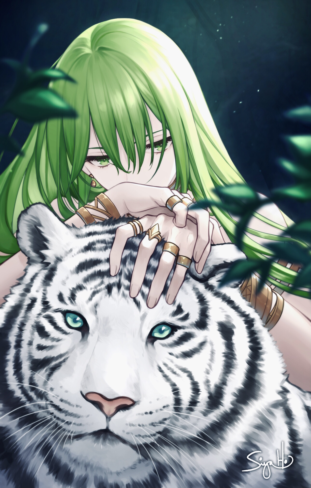 Anime Anime Girls Enkidu FGO Fate Grand Order Green Hair Long Hair Siya Ho Leaves Tiger Green Eyes F 1289x2021
