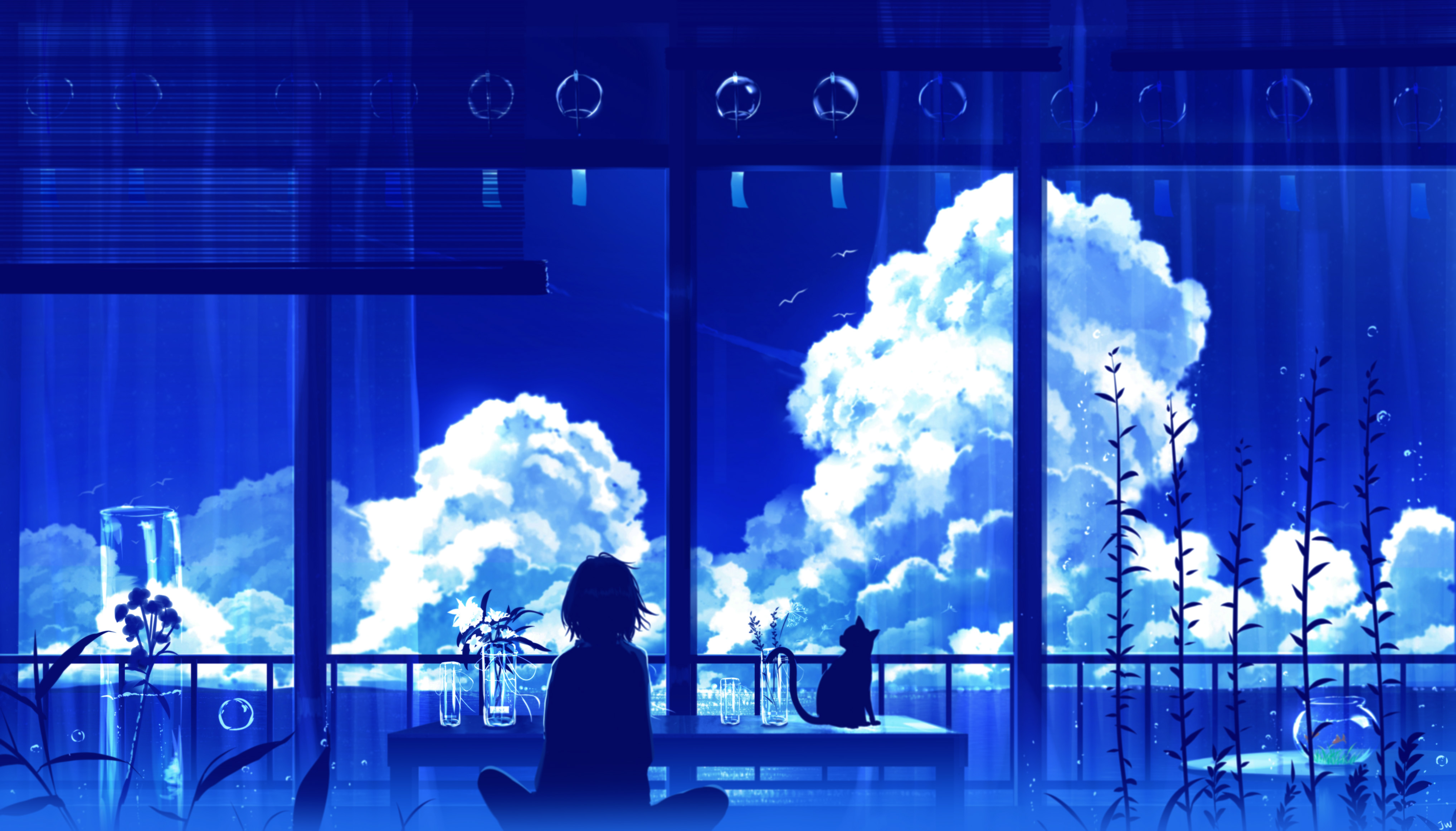 Anime Girls Cats Interior Sky Clouds JW Artist 4069x2322