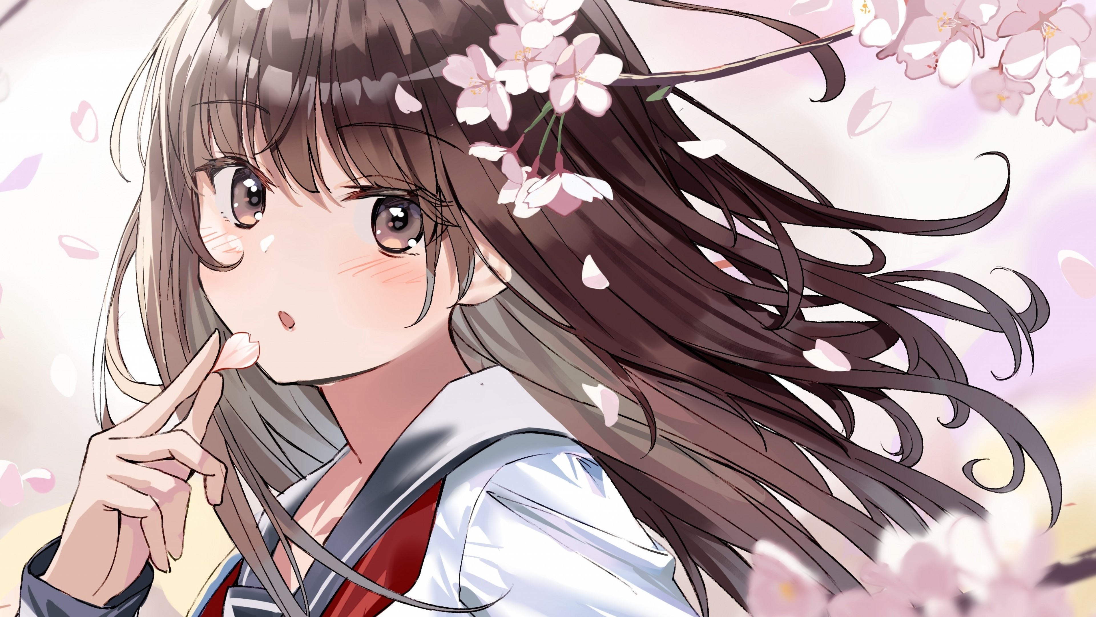 Digital Art Anime Looking At Viewer Brunette Brown Eyes Cherry Blossom School Uniform Blush Long Hai 3840x2160
