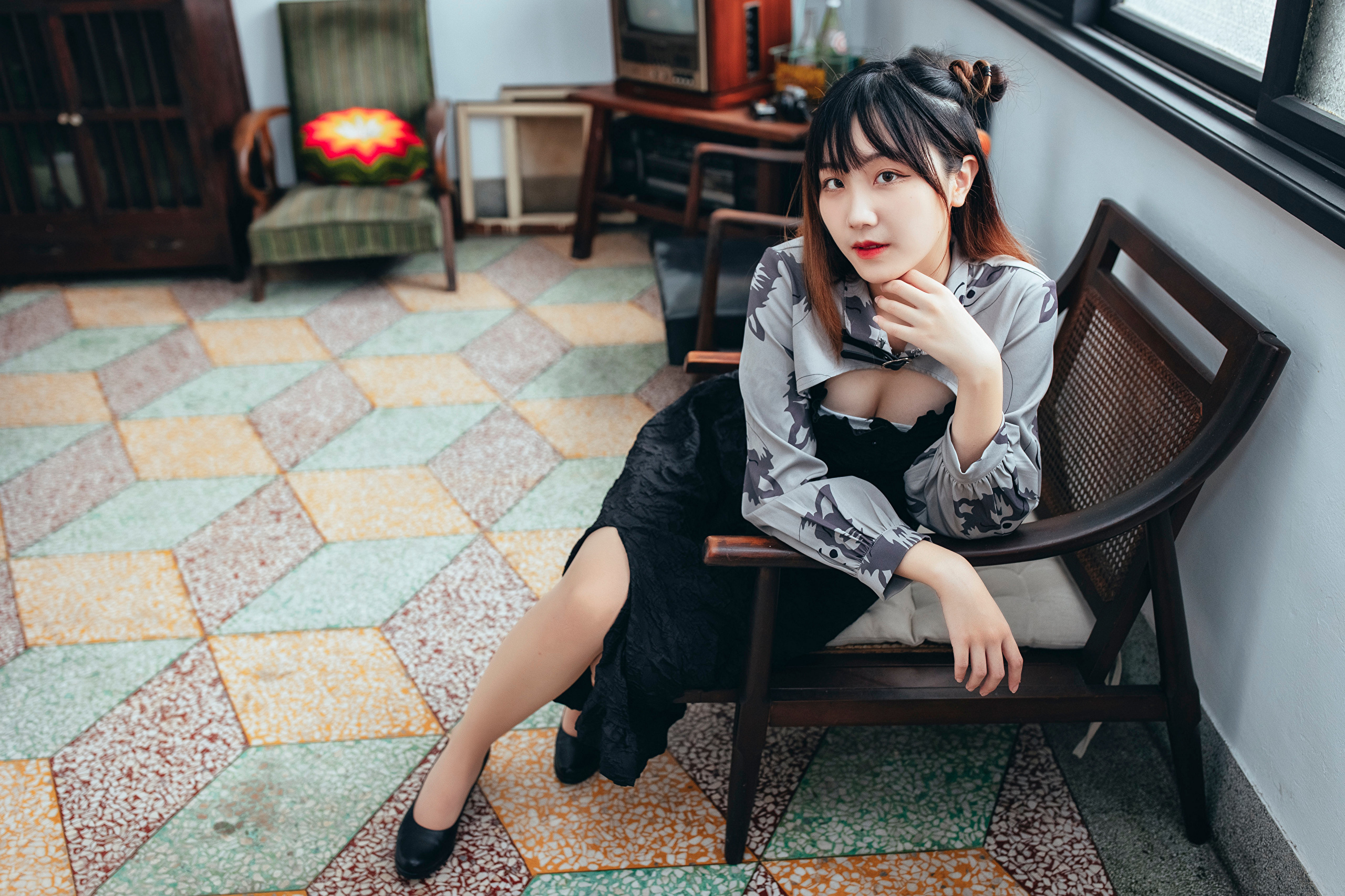 Asian Model Women Long Hair Dark Hair Sitting Chair Window Depth Of Field Tiled Floor Black Dress Bl 2560x1706