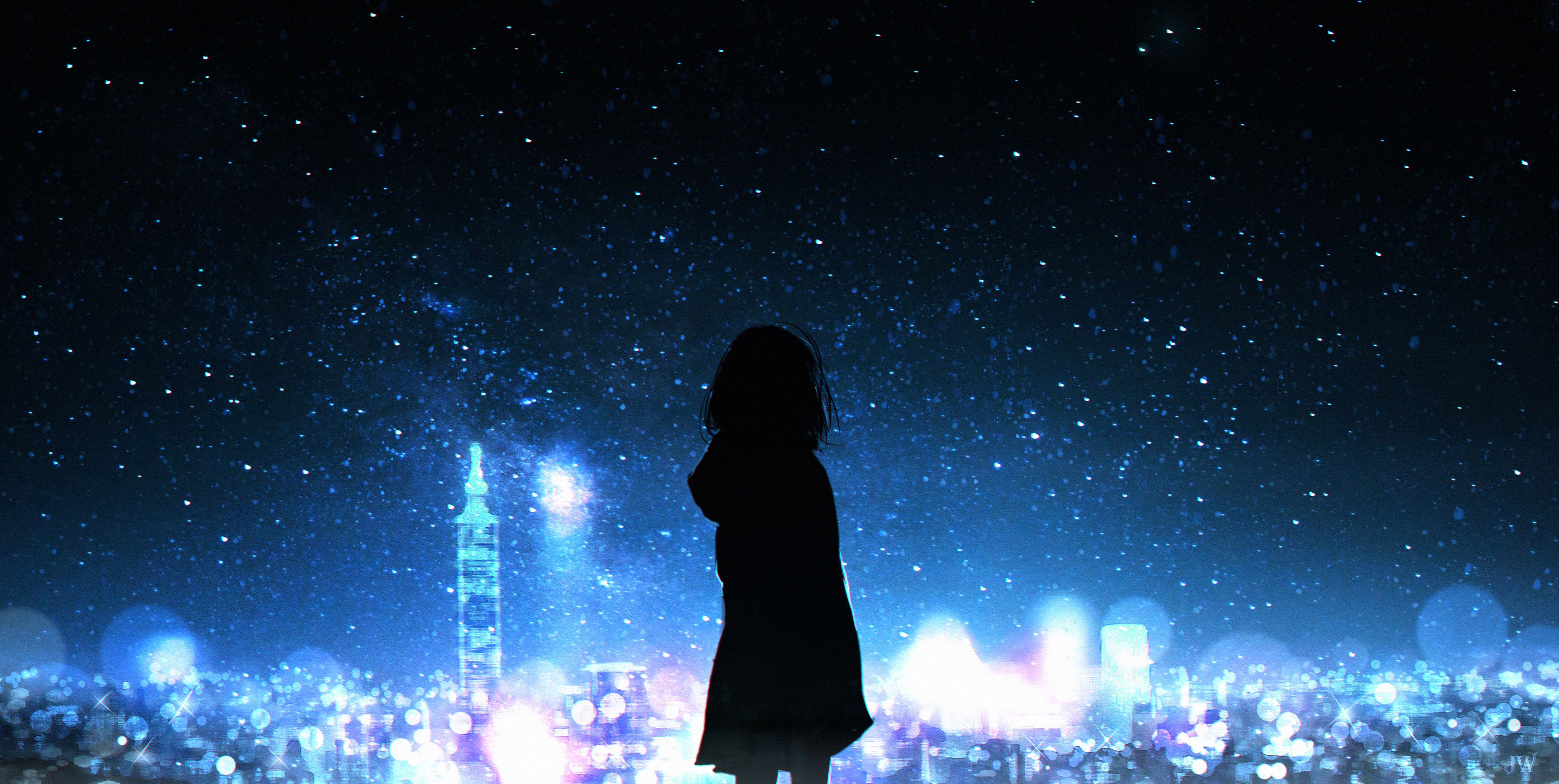 Anime Anime Girls Stars City Lights Sky Silhouette 4096x2061