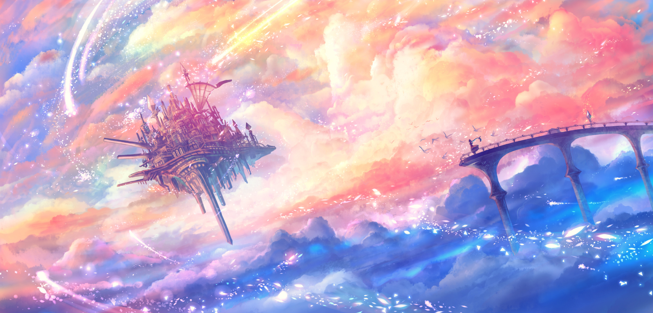 Epic art of floating islands over the clouds with majestic trees on