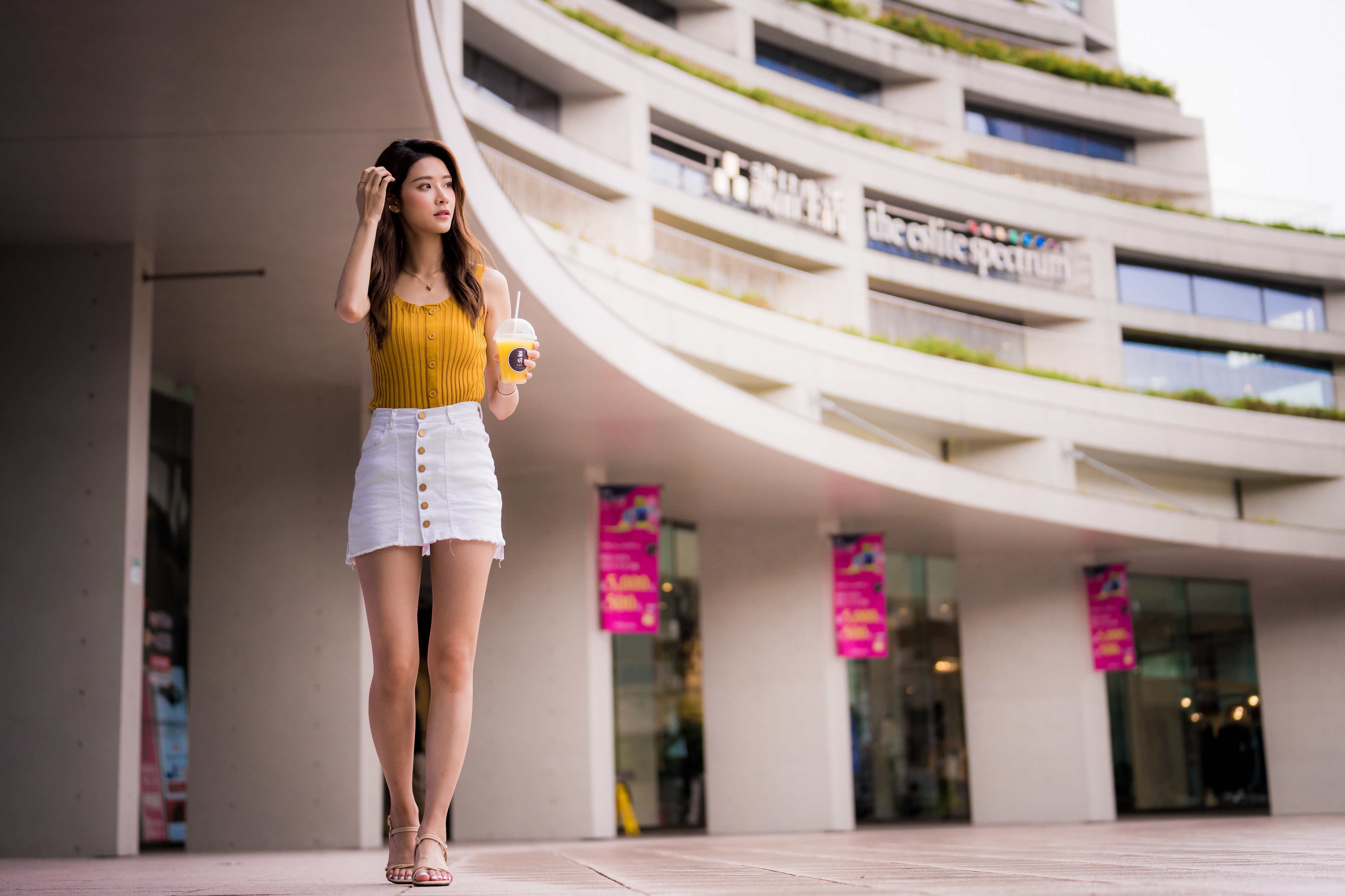 Asian Model Women Long Hair Dark Hair White Skirt Yellow Shirt Juice Cup Depth Of Field Column Build 4562x3041