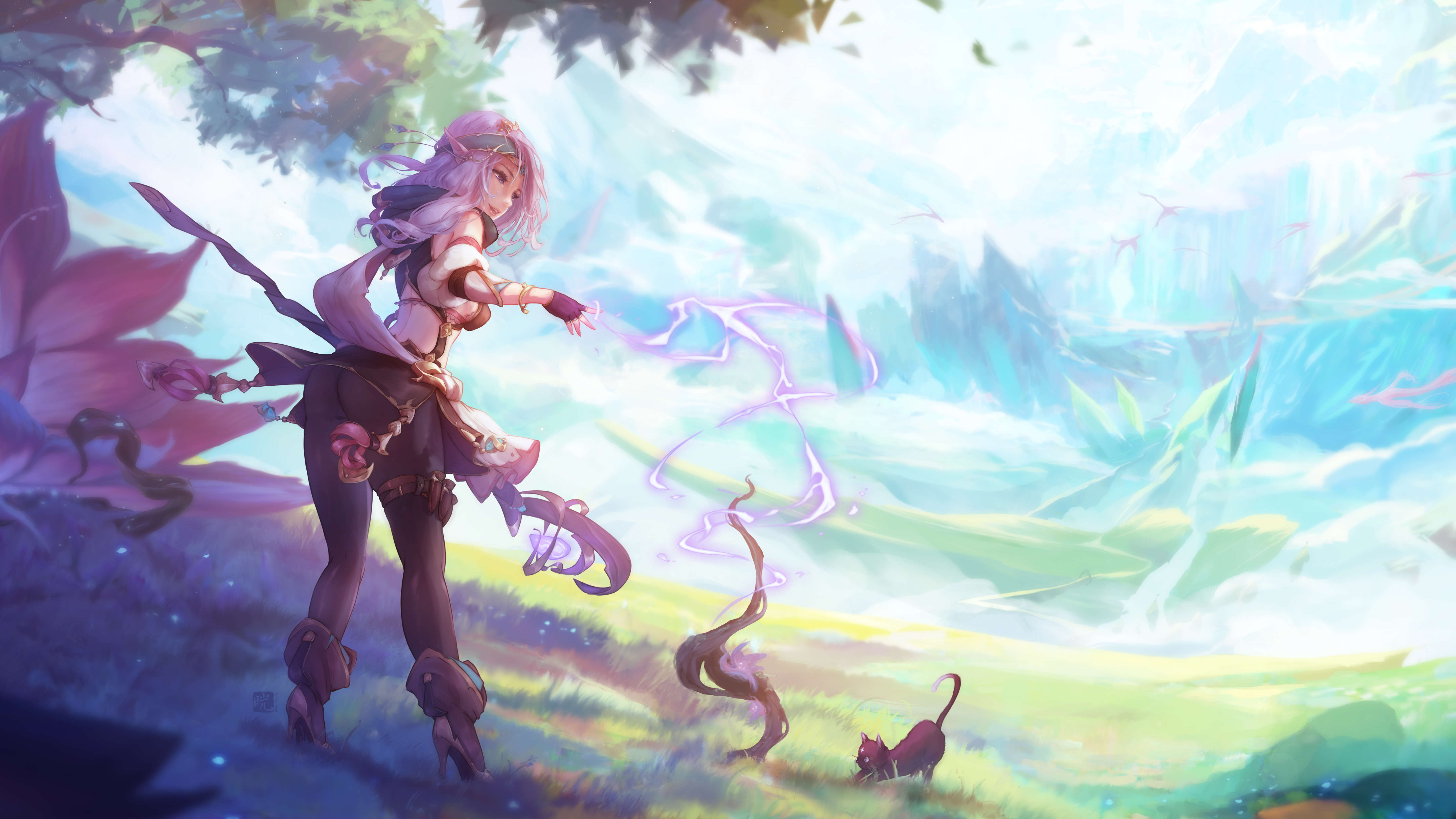 Elves Fantasy Girl Pointed Ears Original Characters Scepters Magic Cats Concept Art Fantasy Art Artw 5760x3240