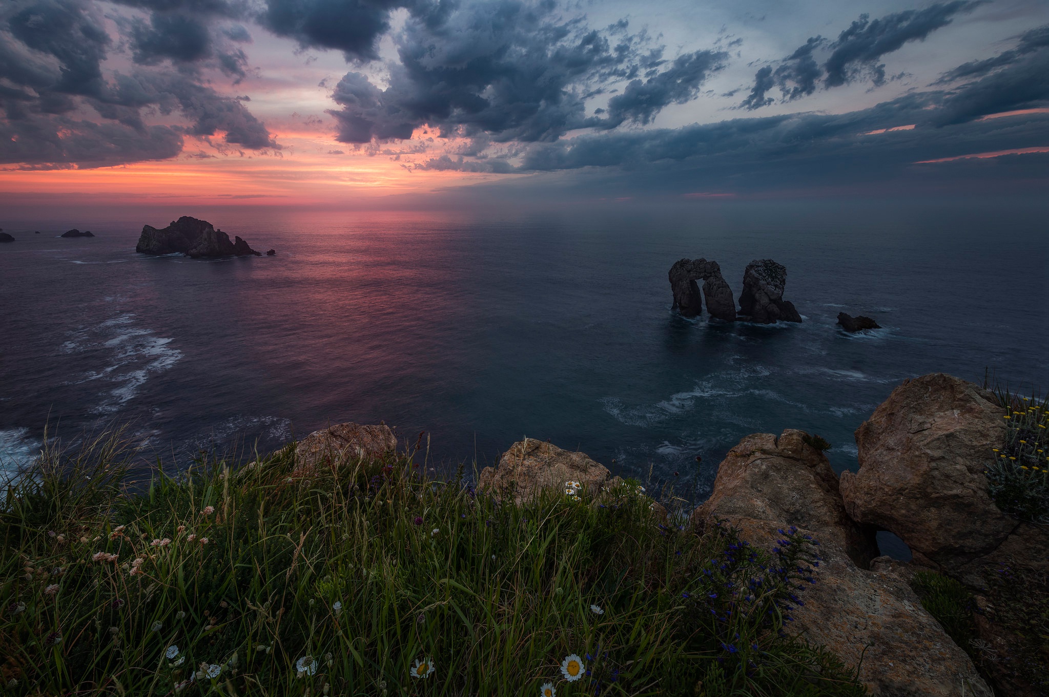Bay Cantabria Coast Grass Rock Sea Spain Sunset 2047x1361