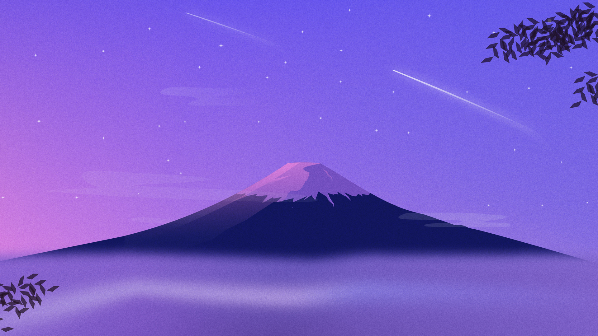 Mount Fuji Digital Art Artwork Leaves Shooting Stars Stars Clouds Mountains 1920x1080