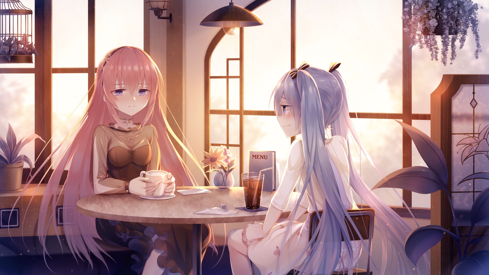 Anime Anime Girls Two Women Sitting Table Cup Drinking Glass Long Hair  Women Indoors Twintails Pink Wallpaper - Resolution:2000x1127 - ID:1246960  