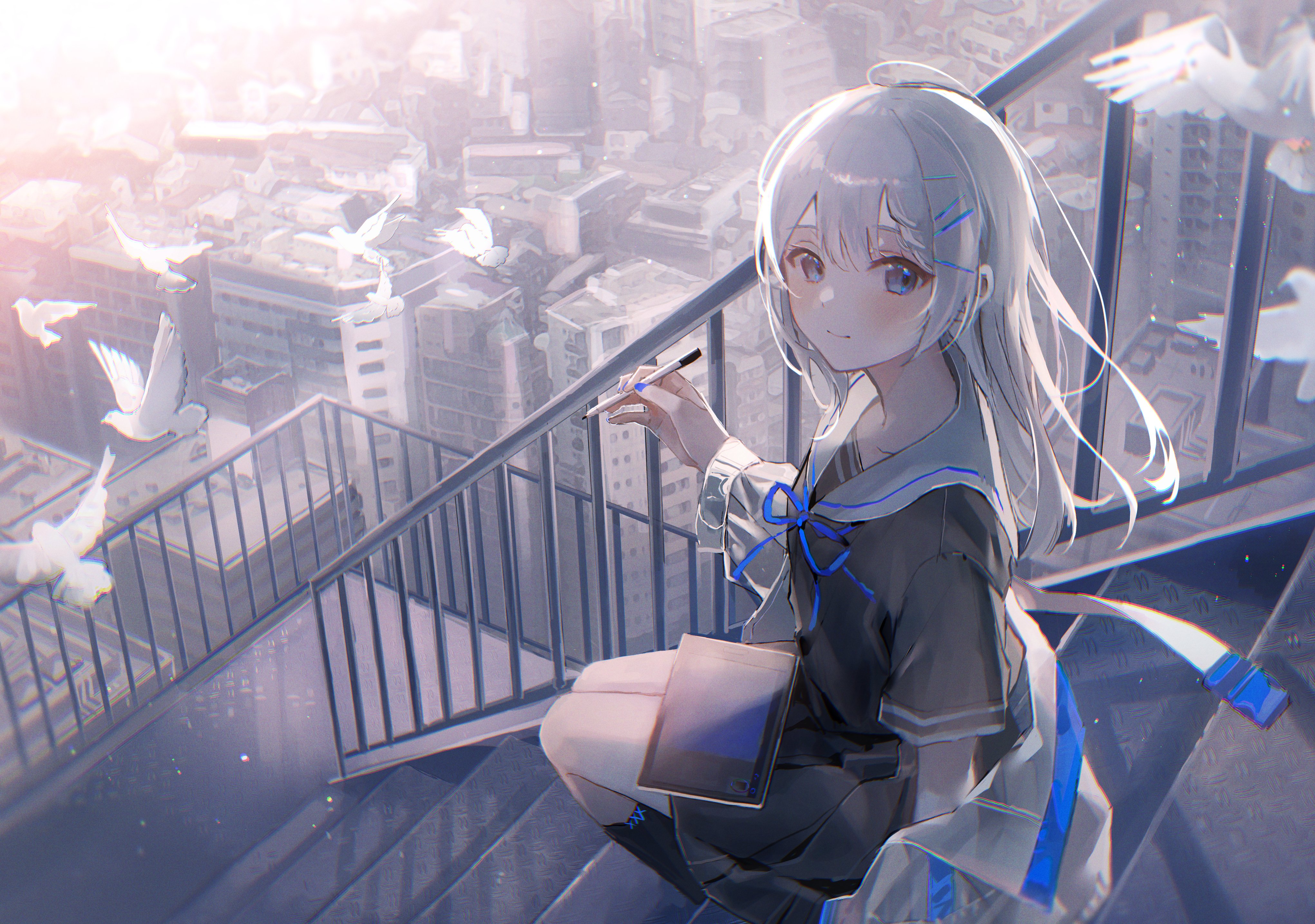 Oyuyu Anime Anime Girls Cityscape Silver Hair Blue Eyes School Uniform Stairs 4083x2870