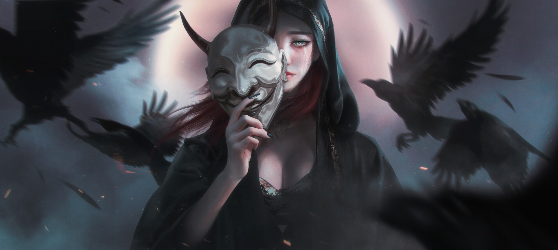 Artwork Fantasy Art Women Mask Crow 1920x861