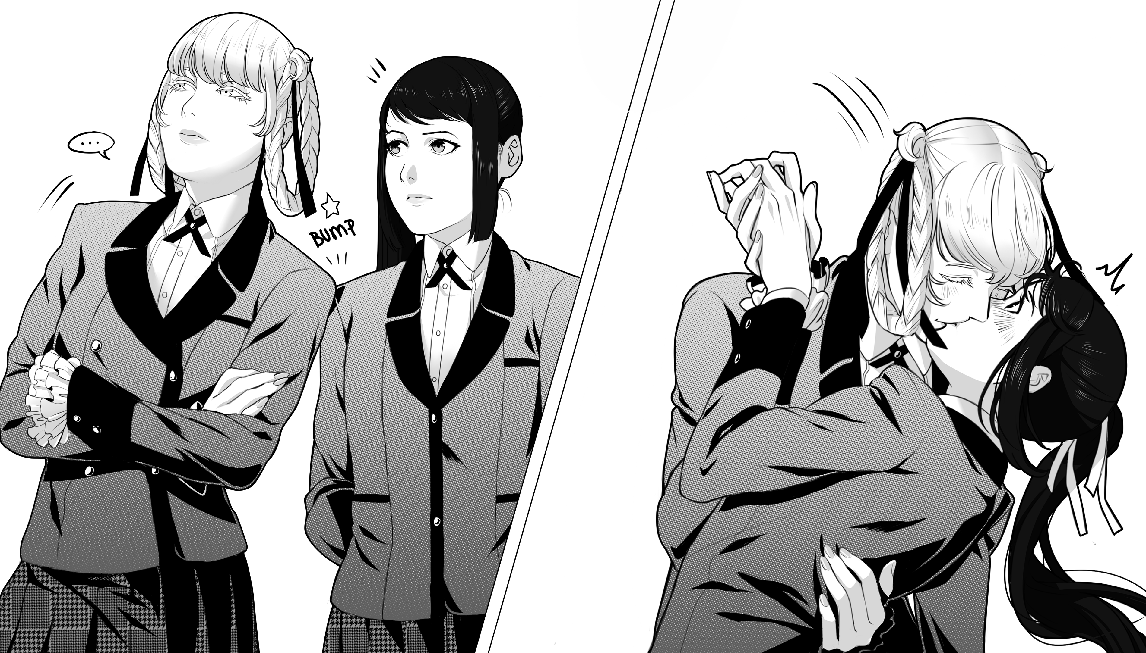 Kakegurui JK Kissing Hugging Braided Hair Embarrassed Simple Background Monochrome Manga Bangs 2D An 3800x2168