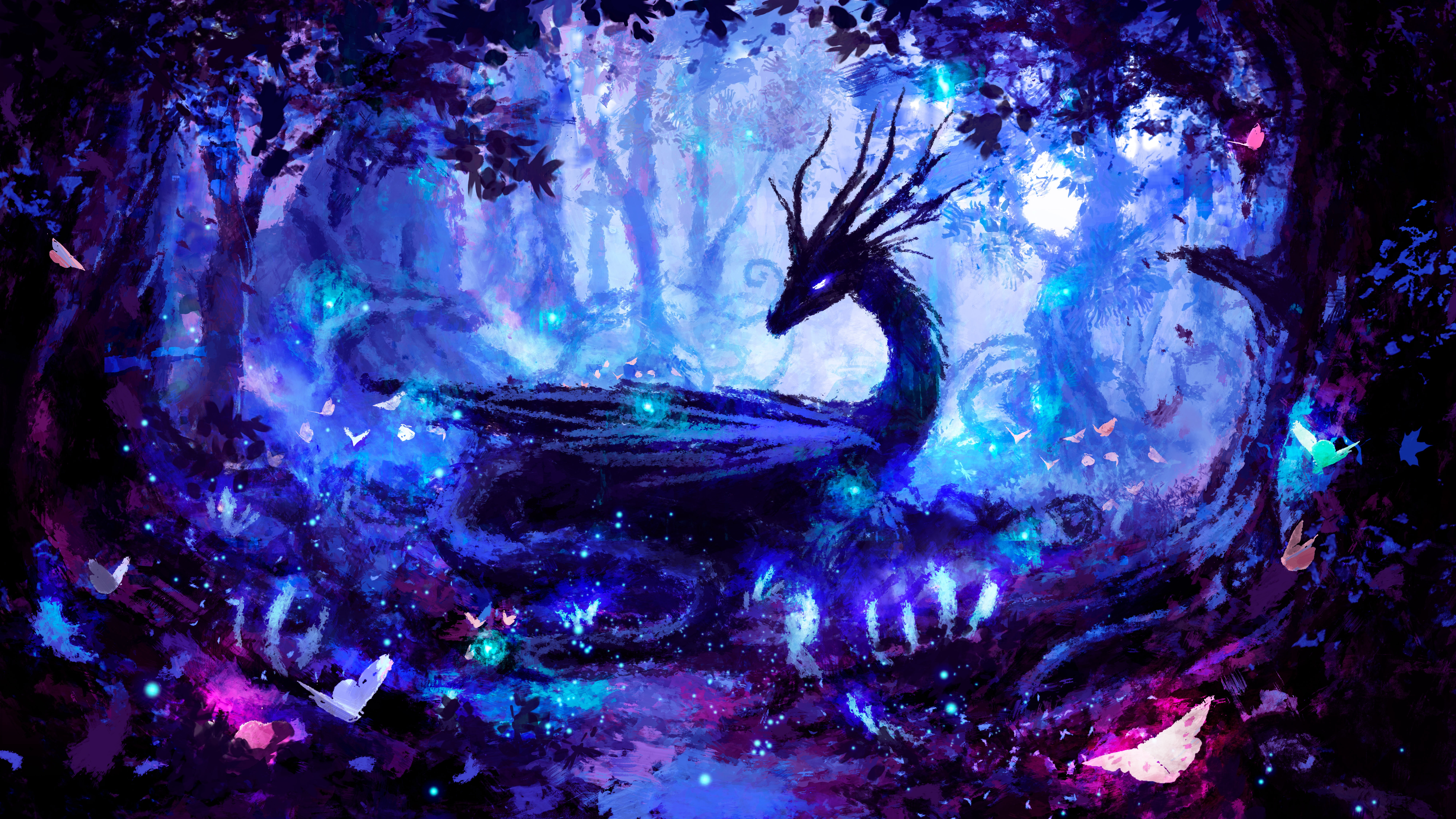 Digital Art Colorful Artwork Lights Dragon Forest Night Magic Trees Horns Pink Blue Evening Creature 8000x4500