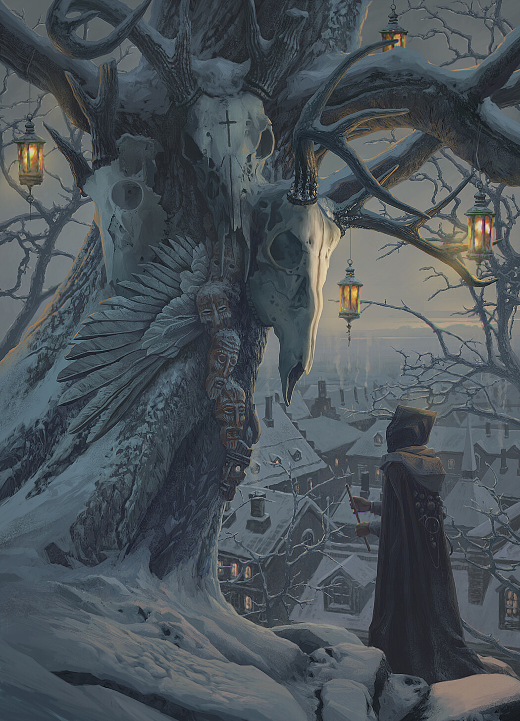 Alexey Egorov Artwork ArtStation Fantasy Art Trees Skull Winter Ice Snow Cold Lantern 1050x1455