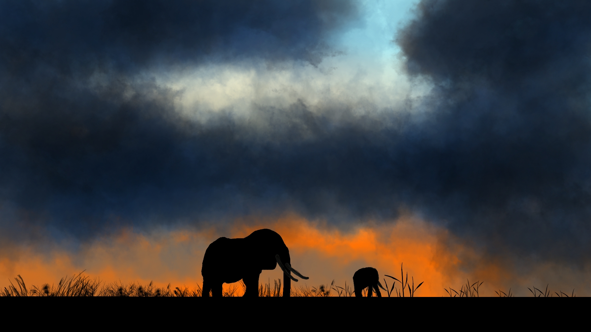Digital Painting Digital Art Nature Twilight Animals Elephant 1920x1080