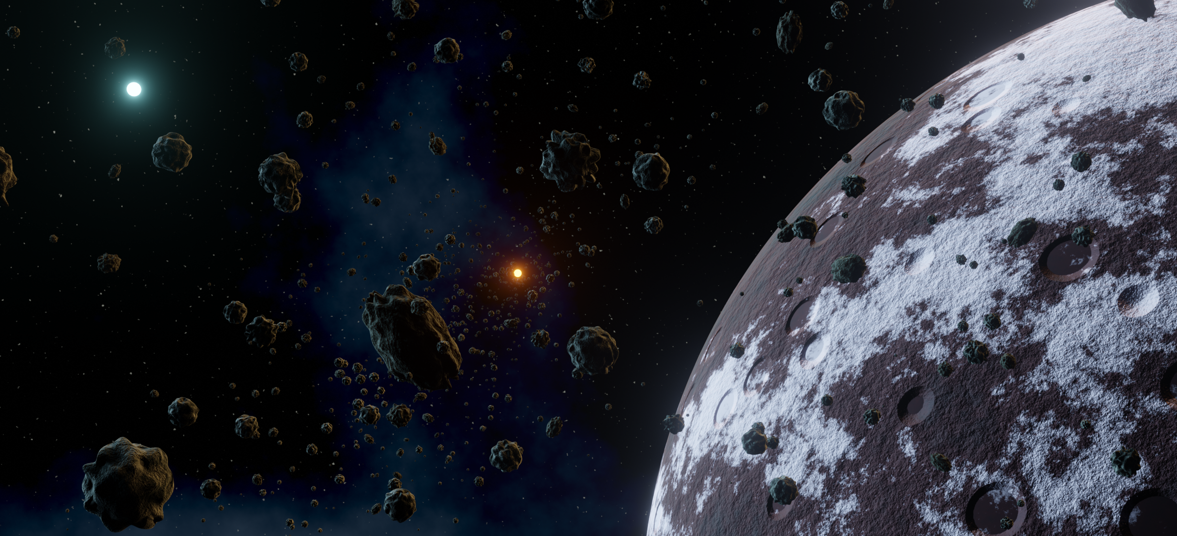 Asteroid Dwarf Planet Stars Space Clouds Planet Suns Binary Starsystem Blender 3D Graphics Digital A 2371x1080