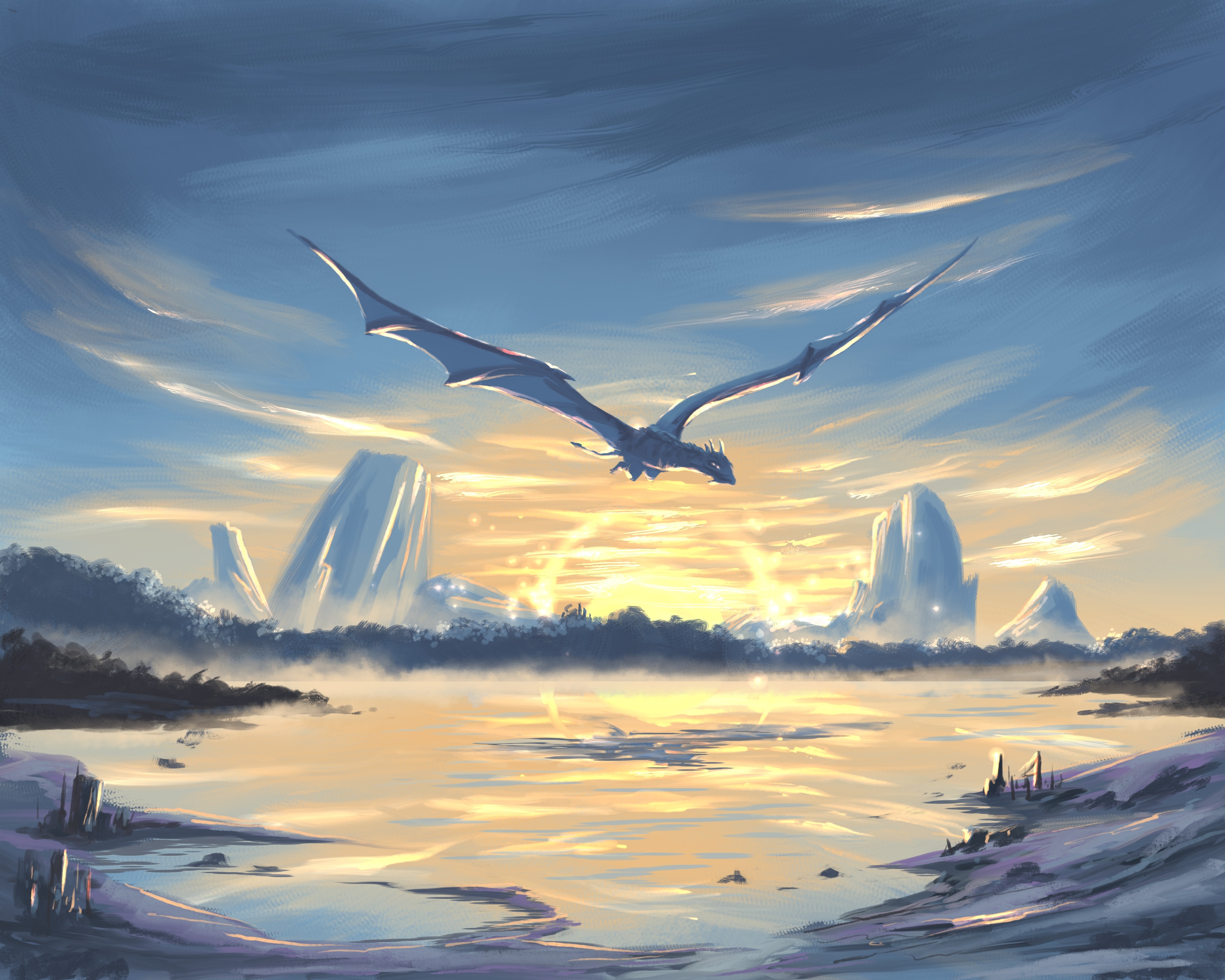 Artwork Digital Art Dragon Sea Sky Sunset Lights Bright Lake Drawing Flying 4000x3200