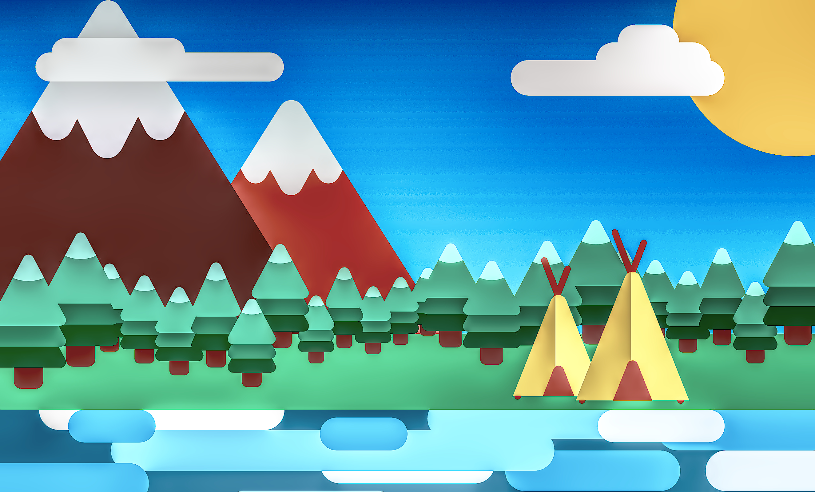 Camp Kurzgesagt In A Nutshell Mountains Vector Digital Clouds Sun Hut Trees Water 2650x1600