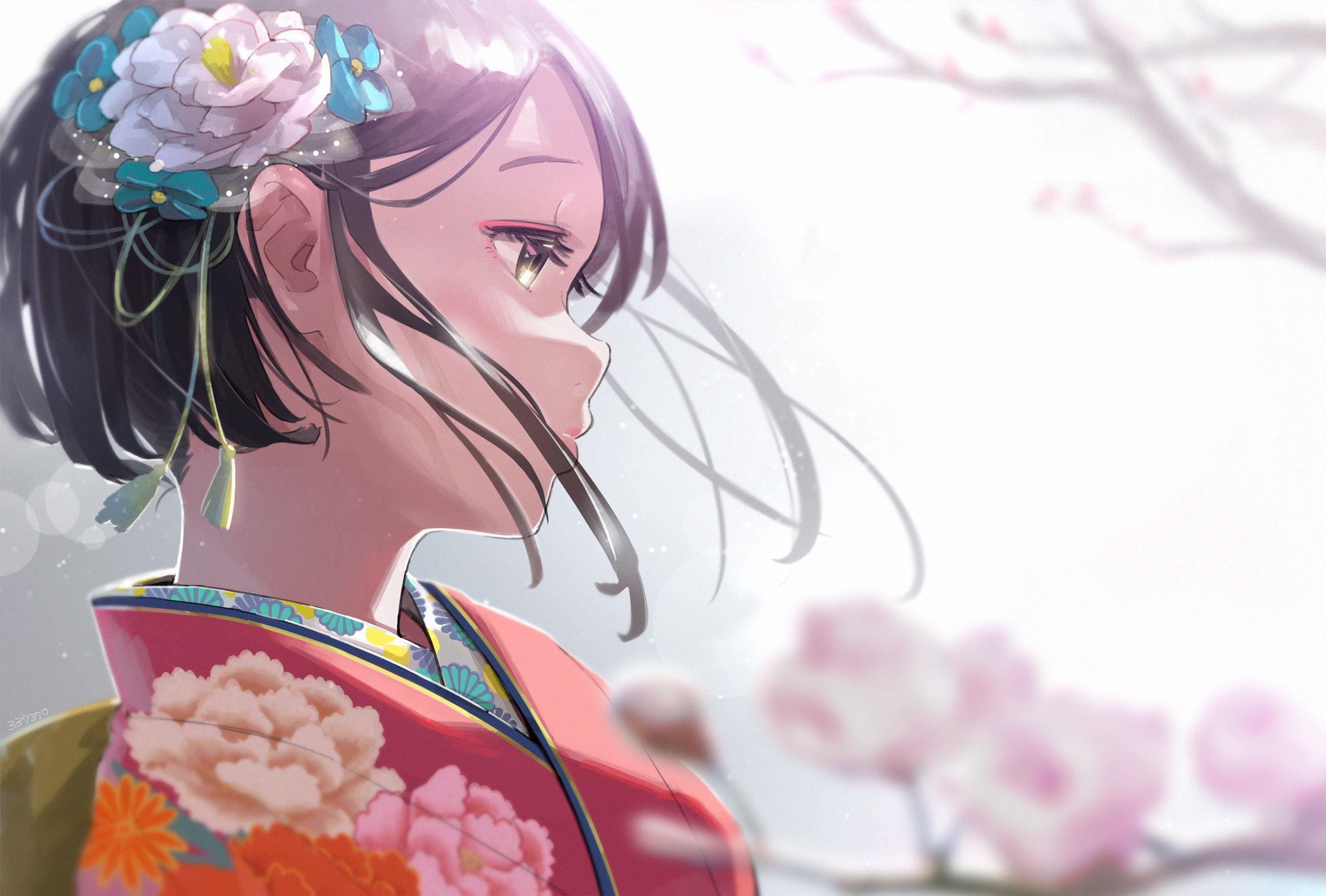 Anime Anime Girls Brunette Short Hair Looking Away Flower In Hair Sakura Tree Brown Eyes Kimono Mina 2447x1654