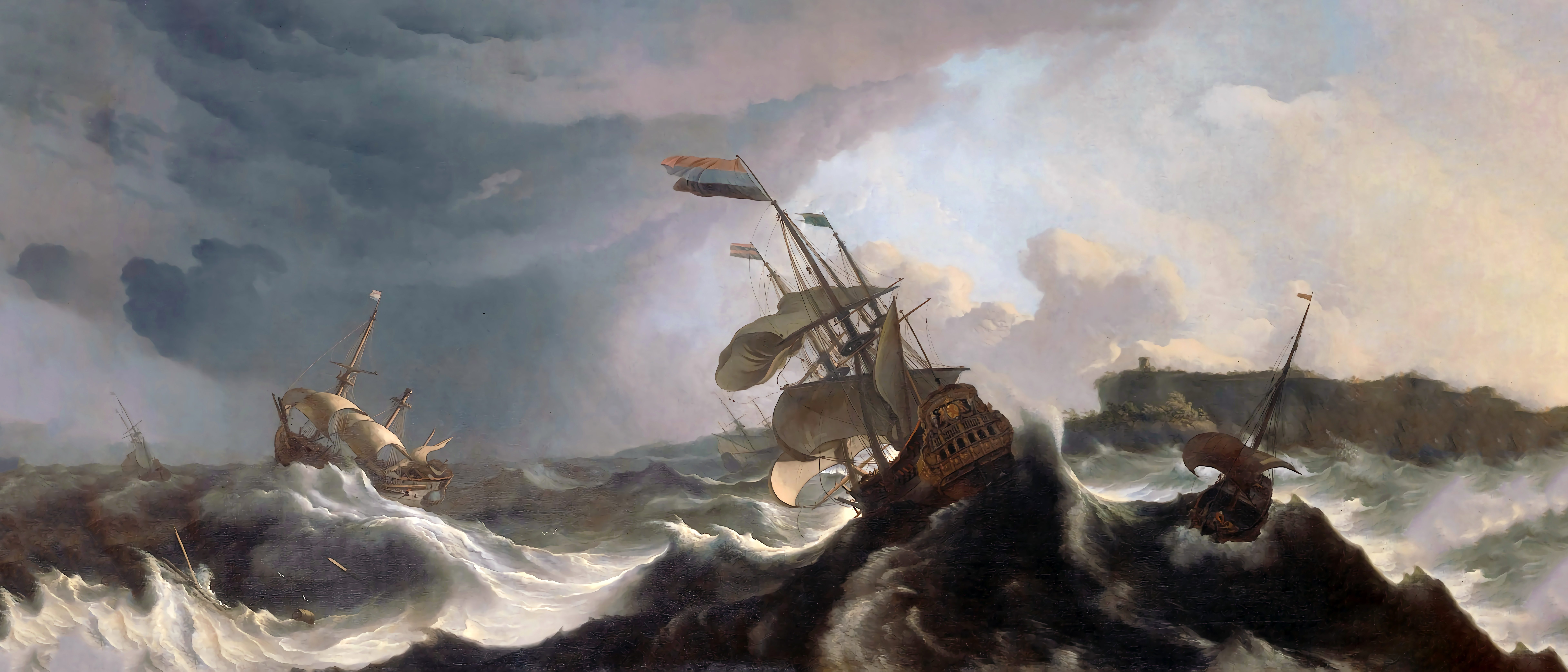Traditional Art Classical Art Warship Ocean Battle Waves Clouds Bakhuysen Ultrawide Ship 9724x4167
