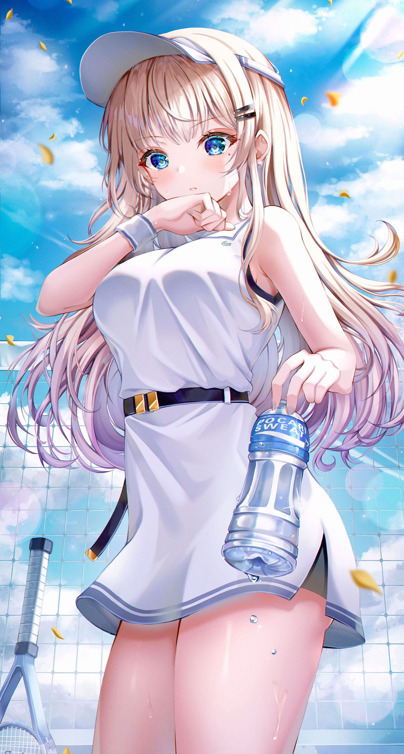 Anime Anime Girls Vertical Water Bottle Tennis Rackets Blue Eyes Clouds Long Hair Blonde Sportswear  1400x2612