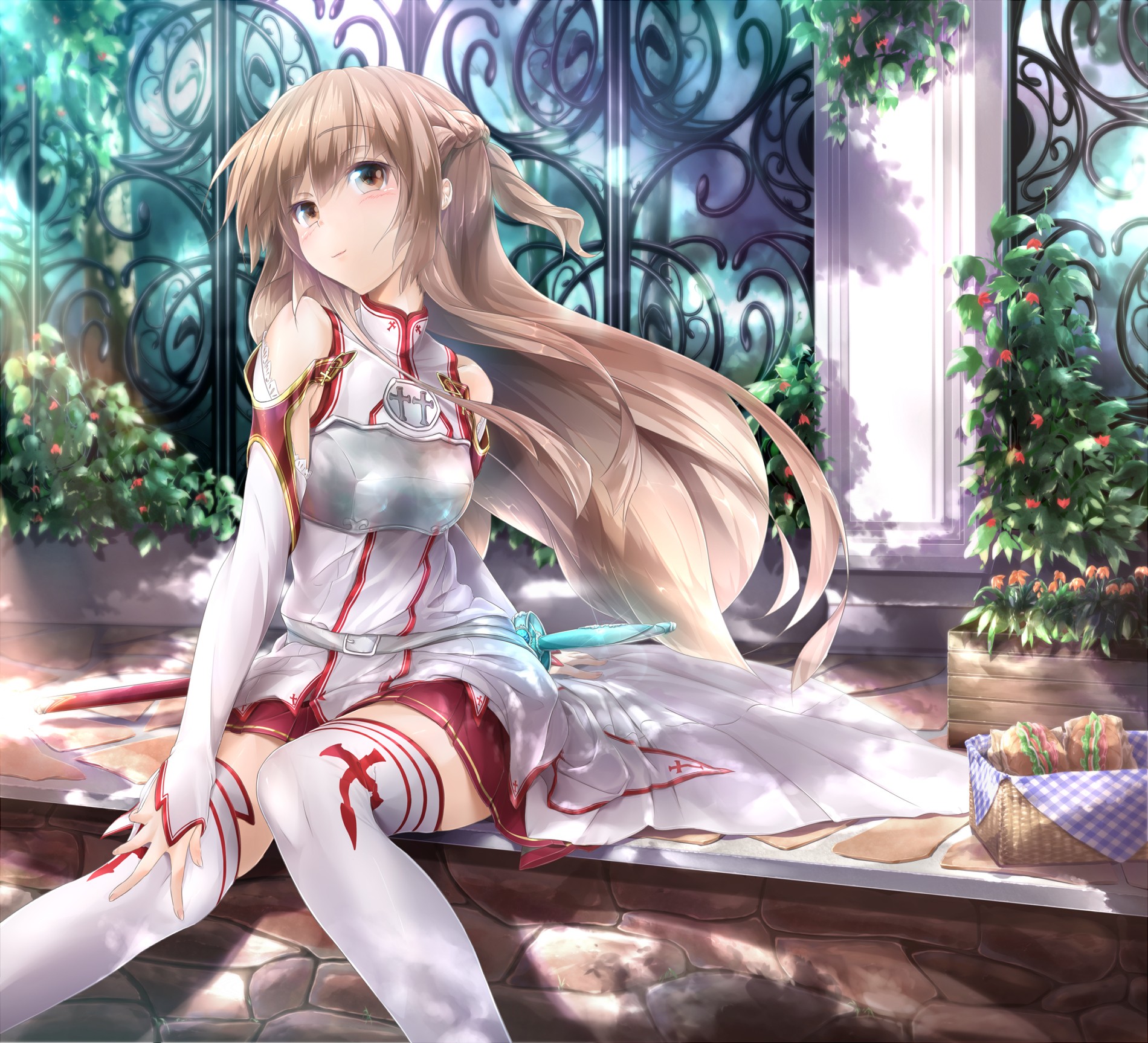 Sword Art Online Yuuki Asuna Flower Garden Plants Anime Series 2D Brunette Long Hair Hair Blowing In 1900x1727