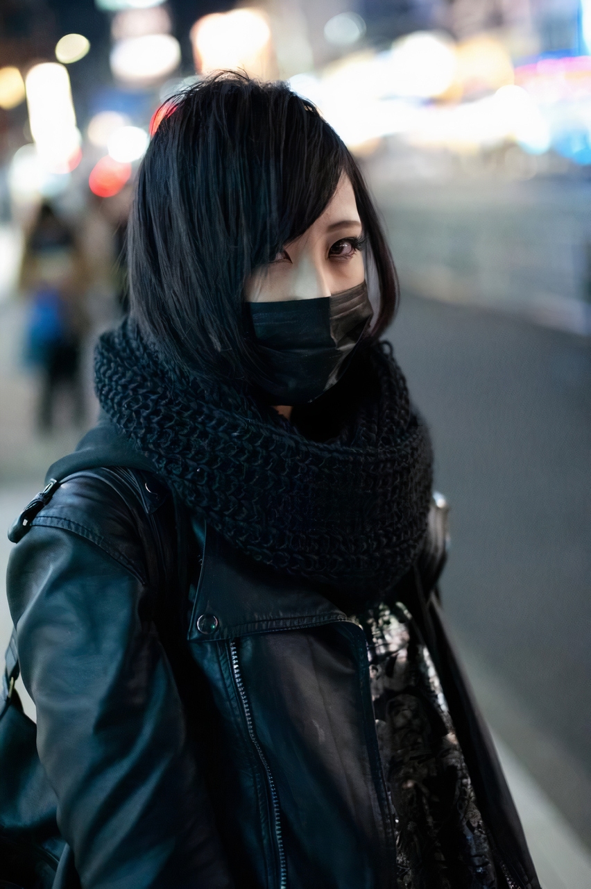 Women Asian Dark Hair Black Clothing Urban Mask Scarf Leather Jackets Depth Of Field Japanese Short  852x1280