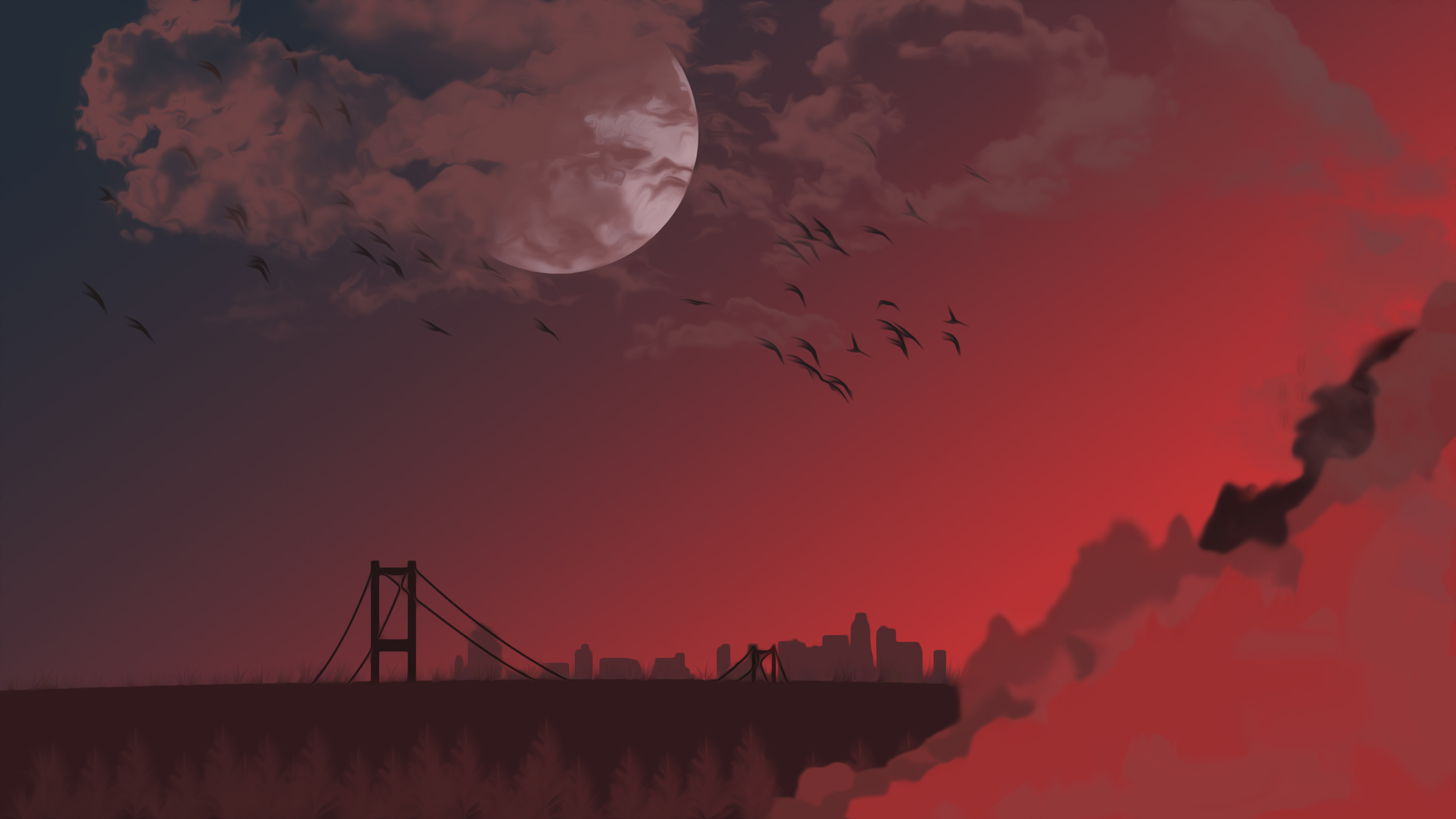 Artwork ArtStation Drawing Sunset City Bridge Gradient Moon Night Birds 3840x2160
