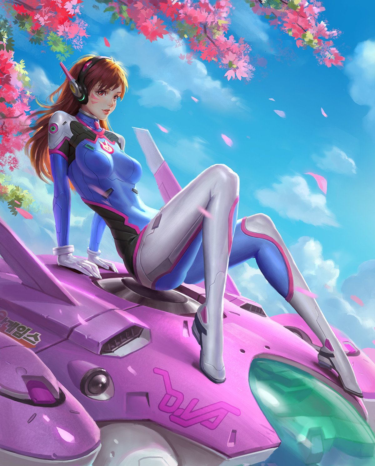 Wenfei Ye Drawing Overwatch Women D Va Overwatch Redhead Headsets Blue Clothing Mechs Pink Petals Sk 1200x1492