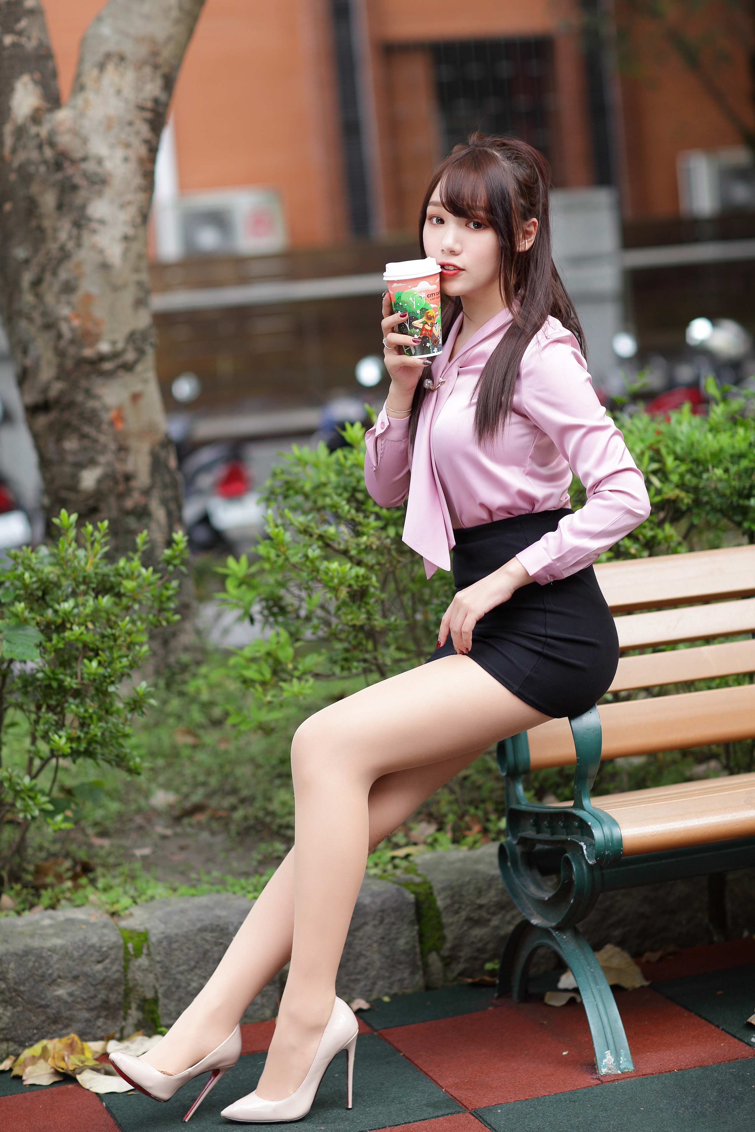 Asian Model Women Long Hair Dark Hair Sitting Black Skirts Blouse Bench Bushes Depth Of Field Cup Tr 2560x3840