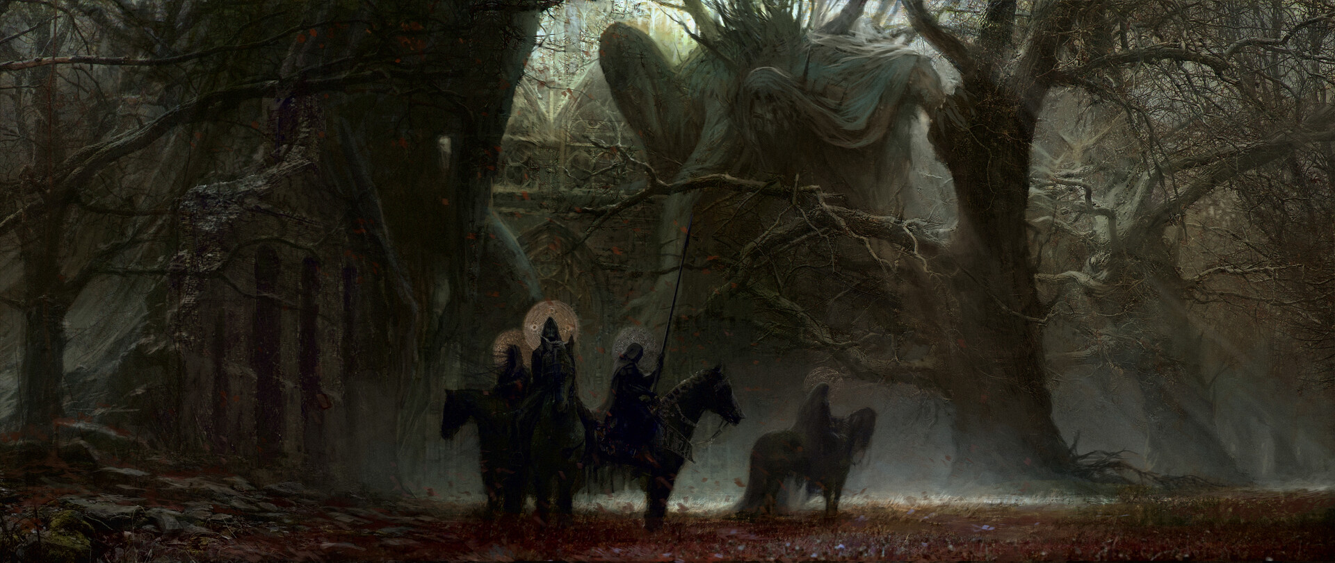 Artem Demura Dark Digital Art Fantasy Art Horse Four Horsemen Of The Apocalypse Trees Forest Ruins S 1920x811