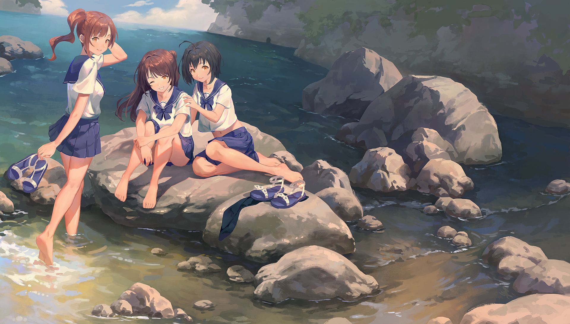 Anime Girls School Uniform Water Smile Legs Barefoot Brunette Dark Hair Artwork Gawain THE IDOLM STE 1920x1091