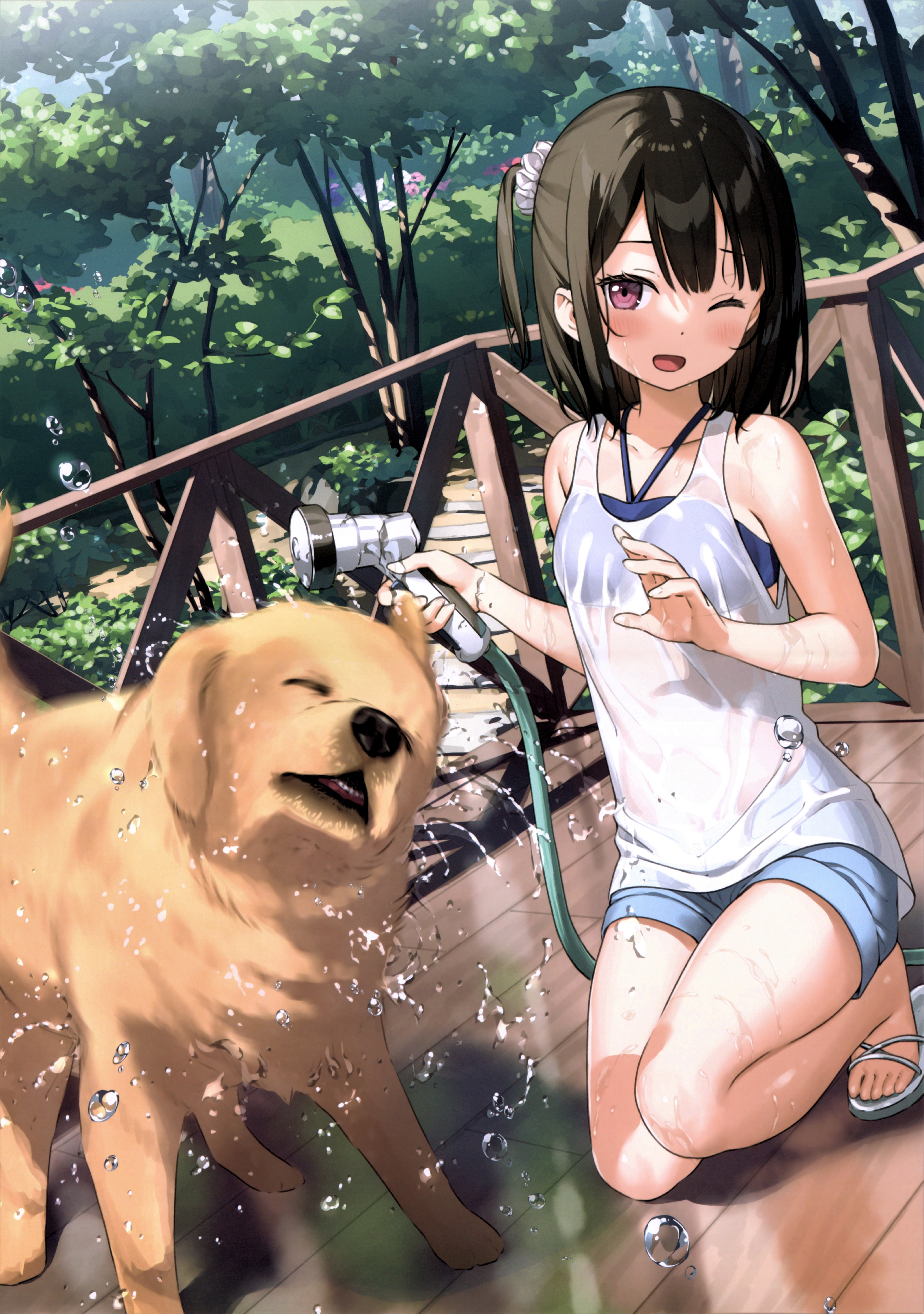 Kantoku Shizuku Kantoku Anime Anime Girls Dog Dark Hair Short Hair Side Ponytail Bangs White Tank To 6039x8586