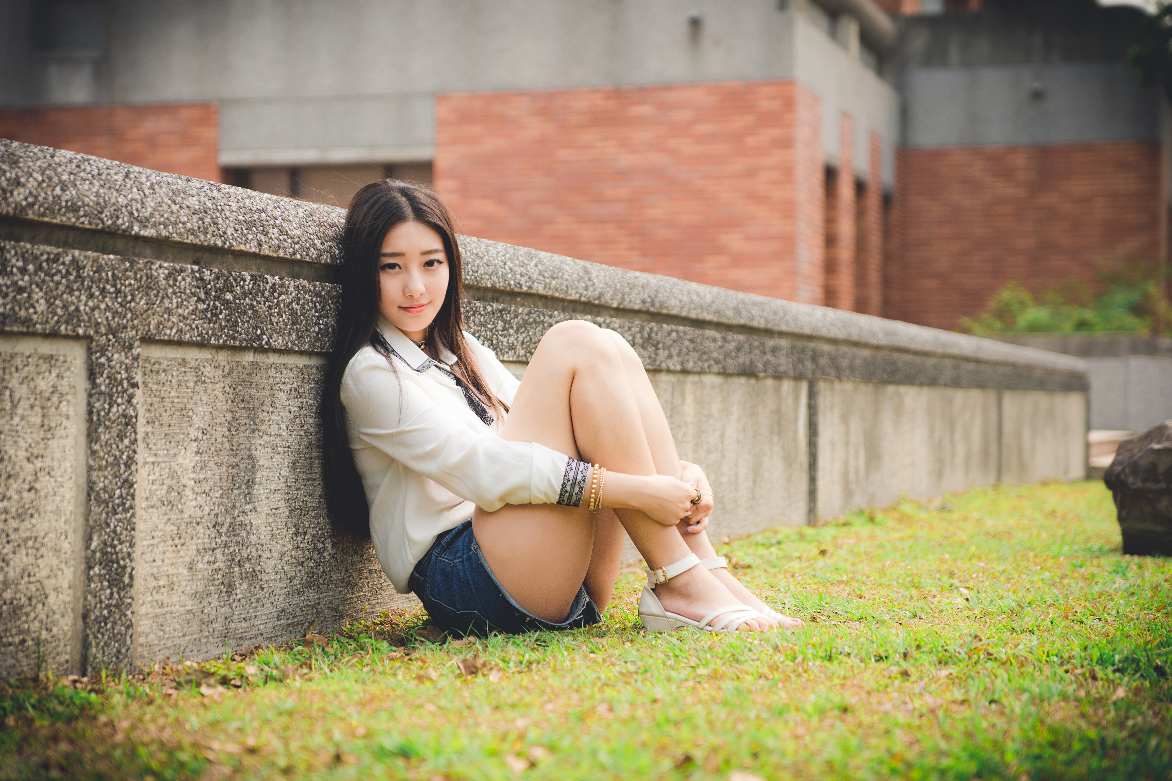 Asian Model Women Long Hair Dark Hair Depth Of Field Grass Sitting Leaning Wall Building Bricks Brac 3840x2560