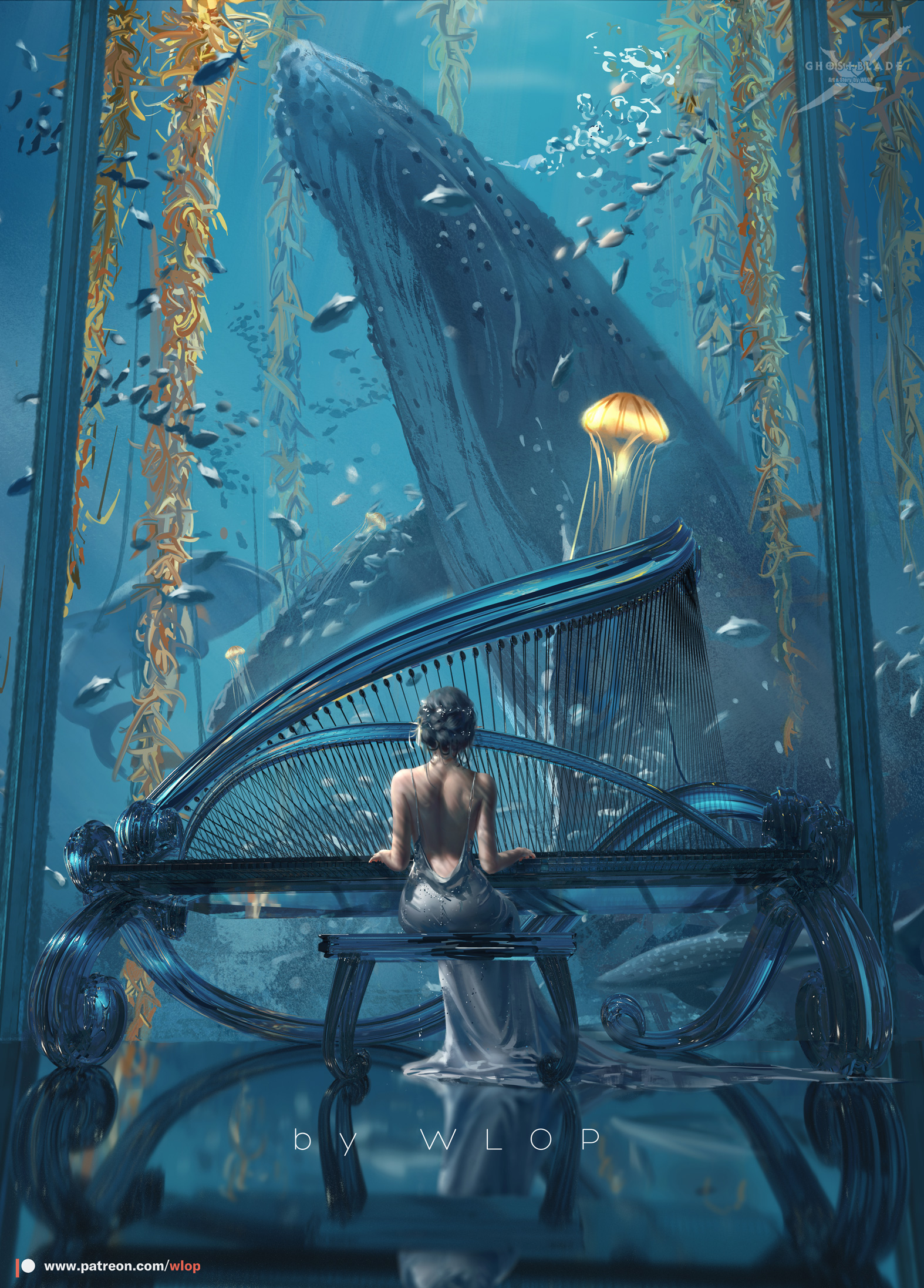 WLOP Ghostblade Women Piano Dress Fishbowls Fish Digital Art Pianists Sitting Reflection Whale Fanta 1574x2192