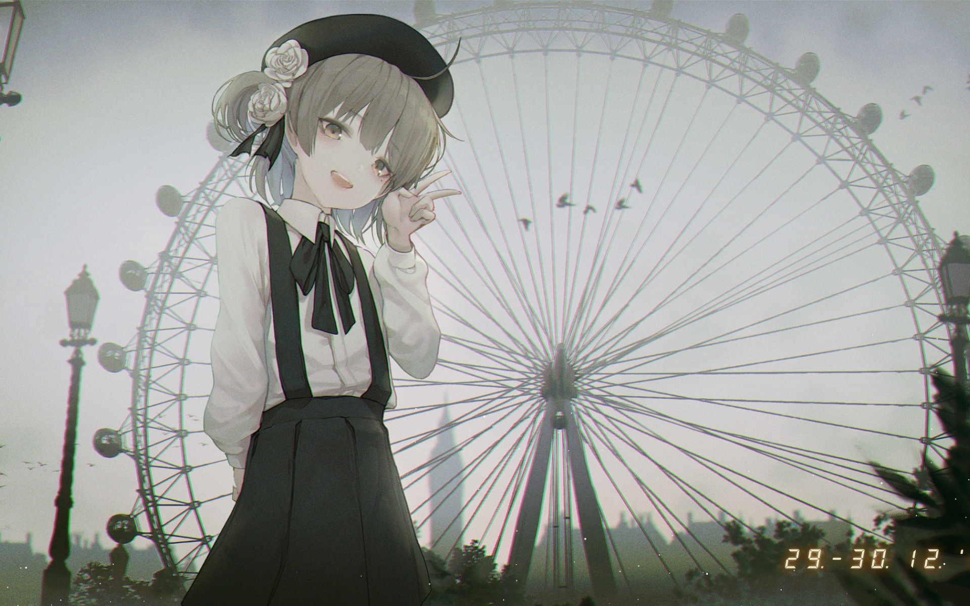 Anime Girls Flowers Flower In Hair Mist Birds Ferris Wheel Virtual Youtuber Hatoba Tsugu 1920x1200
