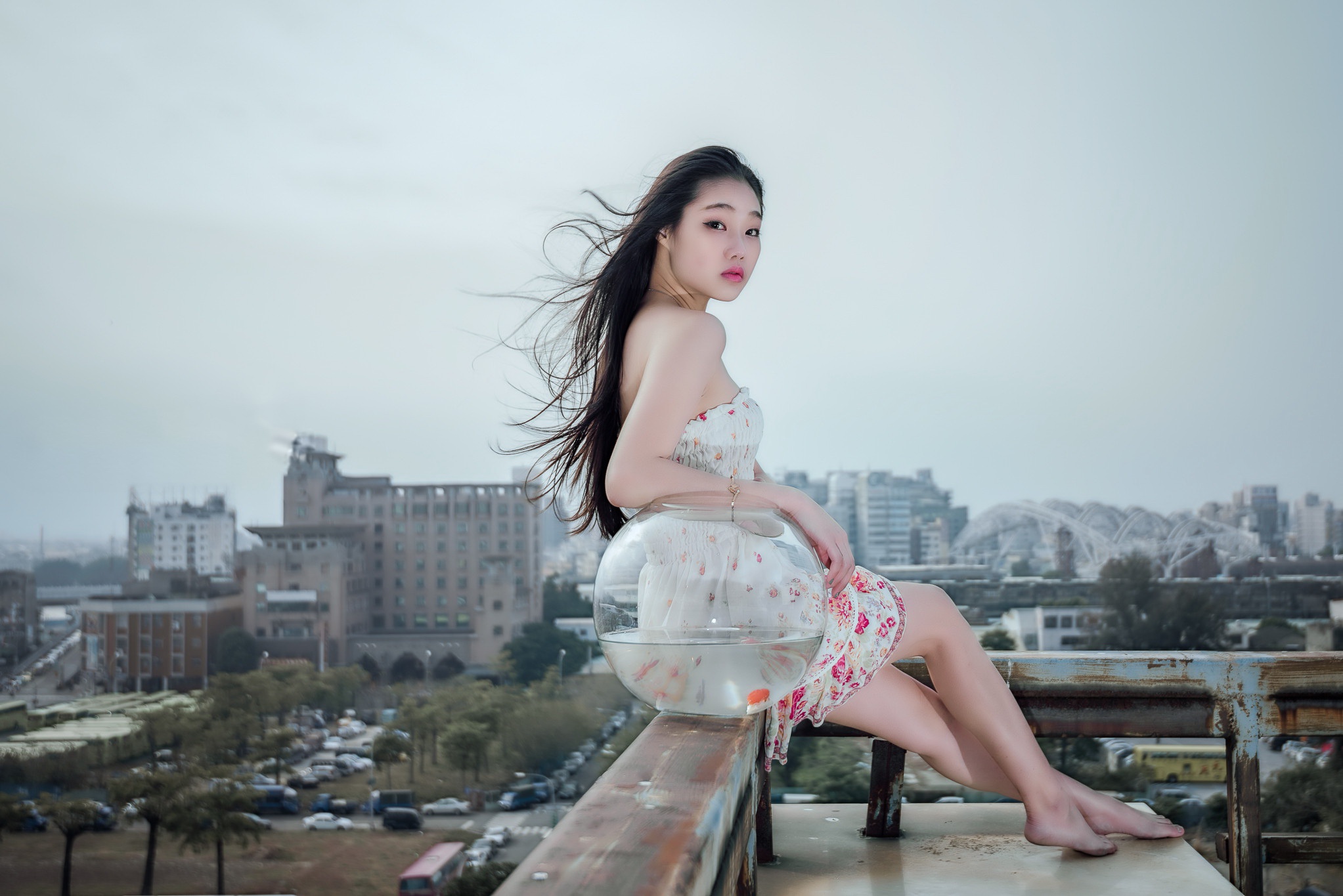 Asian Women Rooftopping Looking At Viewer Long Hair Dark Hair Makeup Pink Lipstick Cityscape Sitting 2045x1365