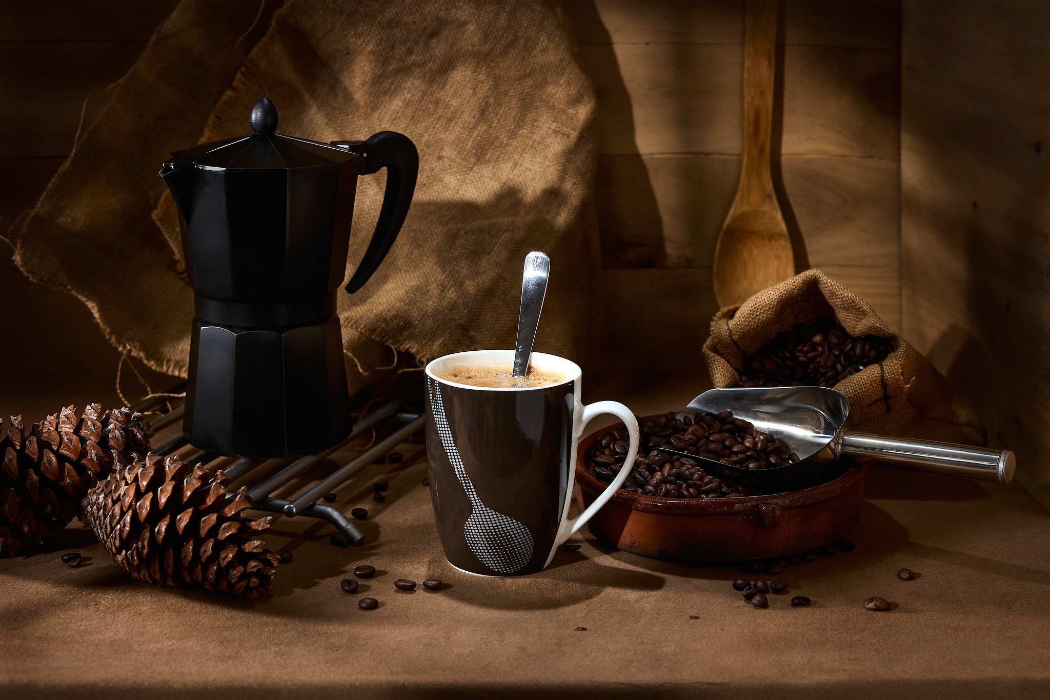 Still Life Food Pinecone Coffee Cup Spoon Coffee Beans 2048x1365