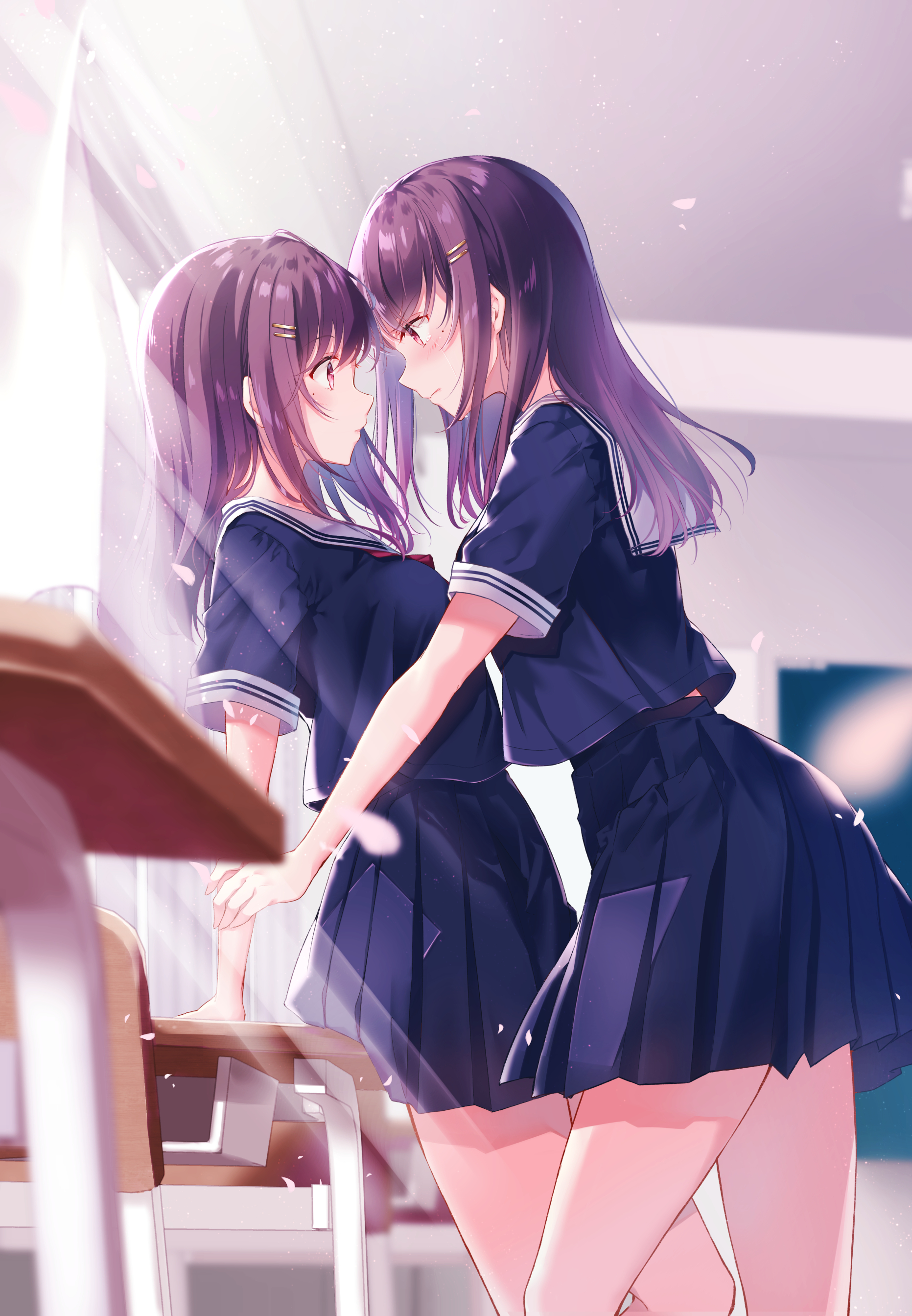 Anime Anime Girls Original Characters Long Hair Purple Hair School Uniform Twins Classroom Artwork K 1863x2687