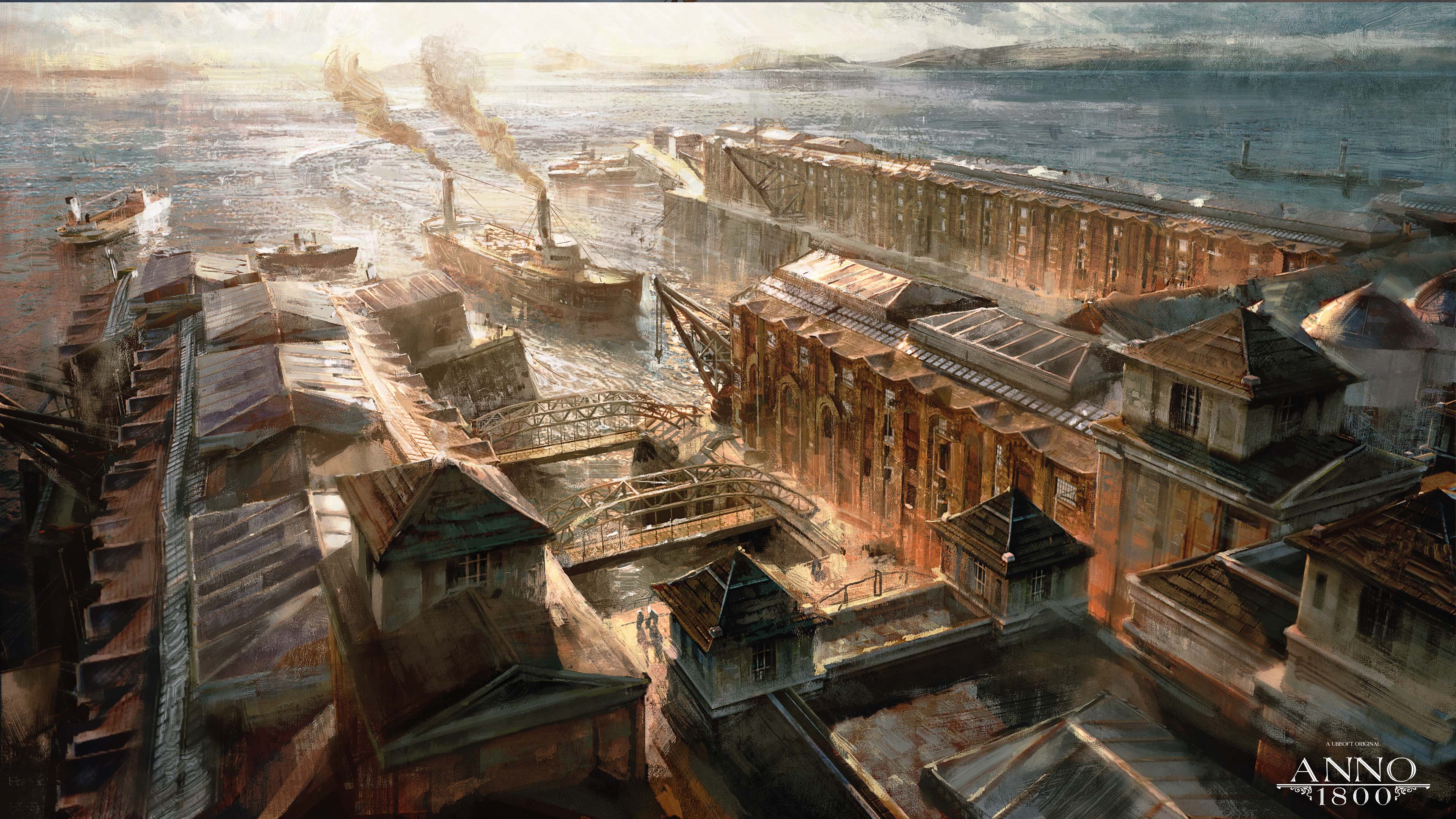 Anno 1800 1800s Digital Art Concept Art Artwork Ubisoft Dockyard Dock Steam Ship Speicherstadt 3840x2160
