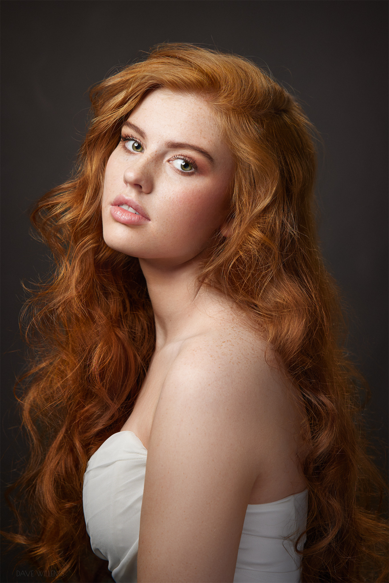 Dave Willems Women Redhead Long Hair Wavy Hair Dress White Clothing Freckles Bare Shoulders Portrait 1365x2048