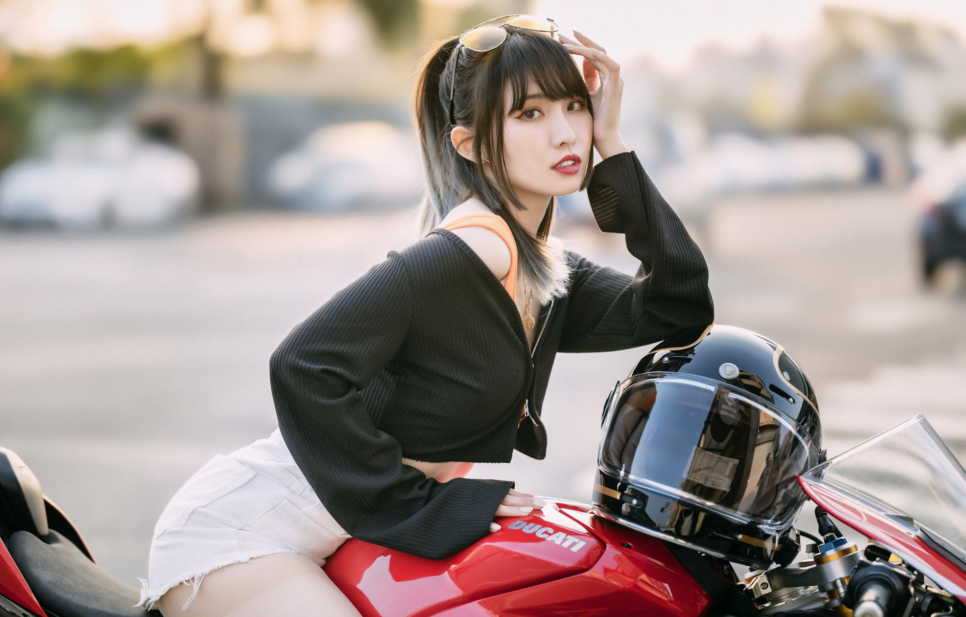 Asian Model Women Long Hair Dark Hair Depth Of Field Shorts Ponytail Black Jackets Motorcycle Sungla 1920x1228