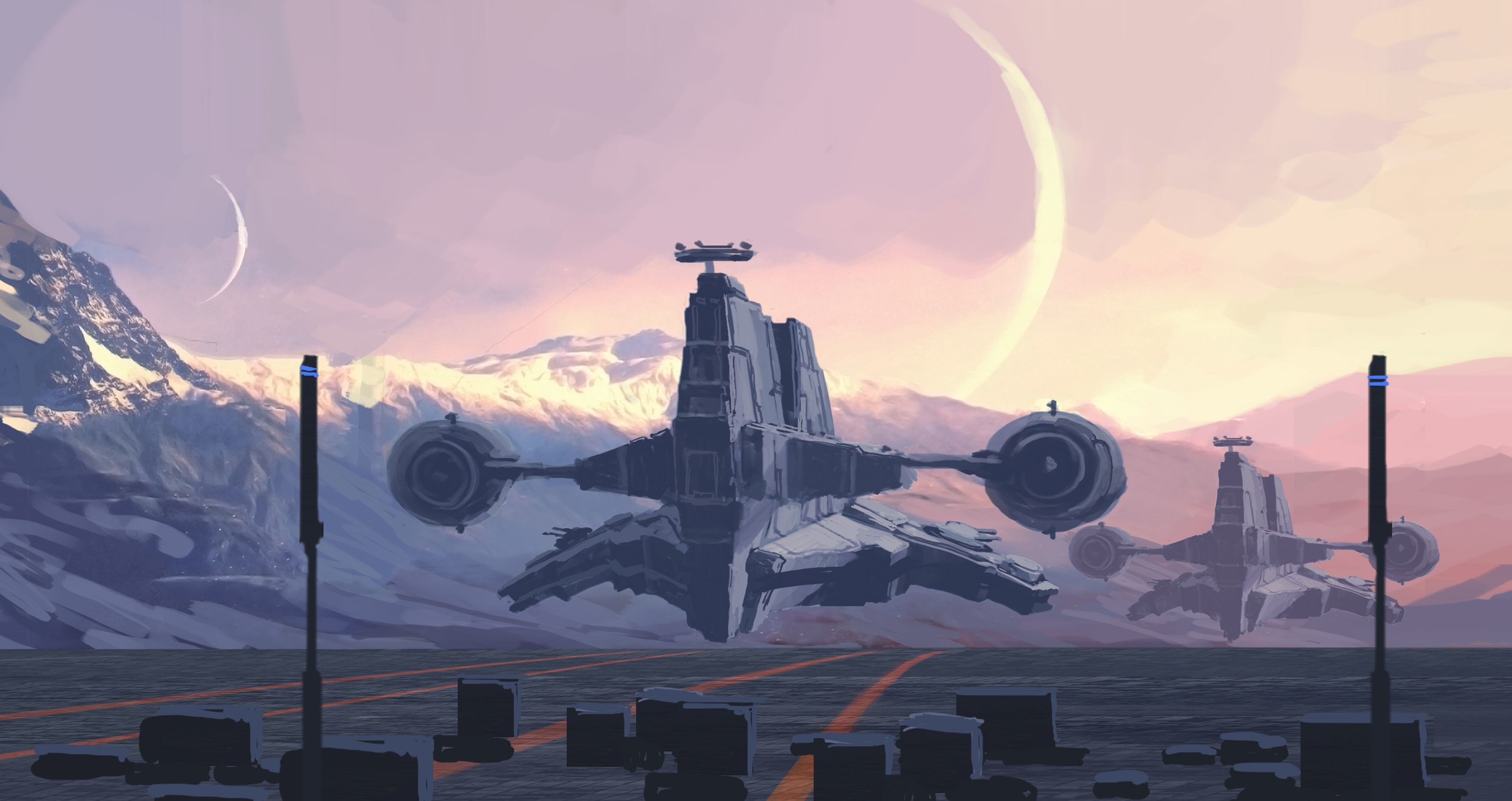 Science Fiction Spaceship Artwork Digital Art Sky Mountains Cyberpunk Futuristic Moon Sunset Morning 3200x1695
