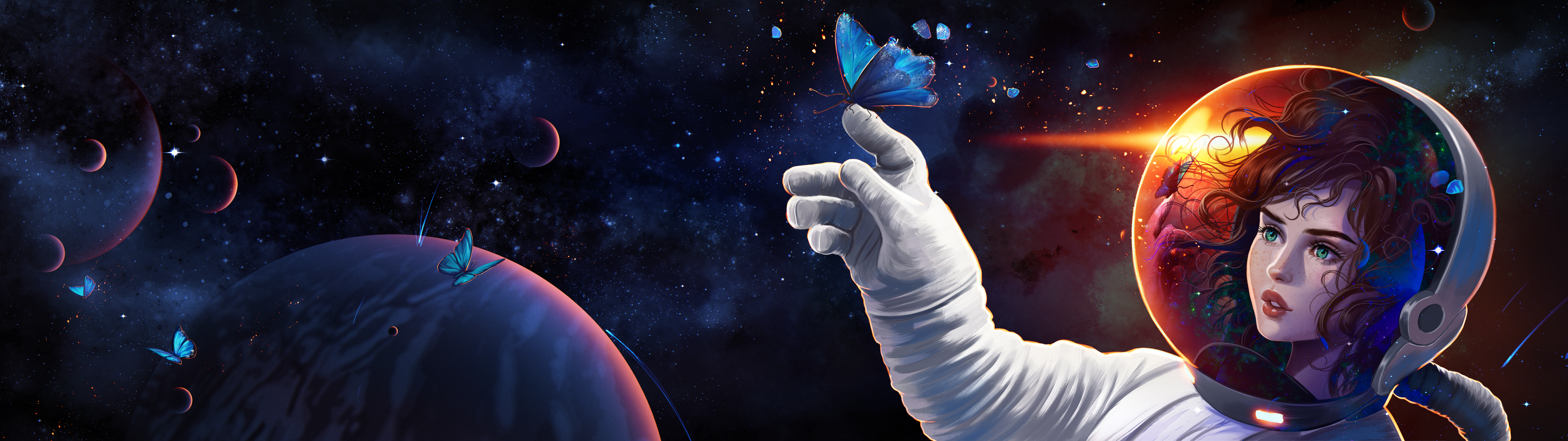 Space Planet Astronaut Ultrawide 4K Butterfly Space Art Digital Art Animals Insect Women 7680x2160