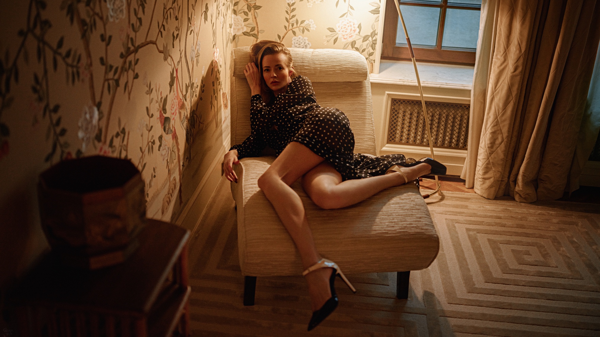 Women Natalia Emelianenko Brunette Dress Black Clothing Dots Legs High Heels Relaxing Warm Light 2024x1139