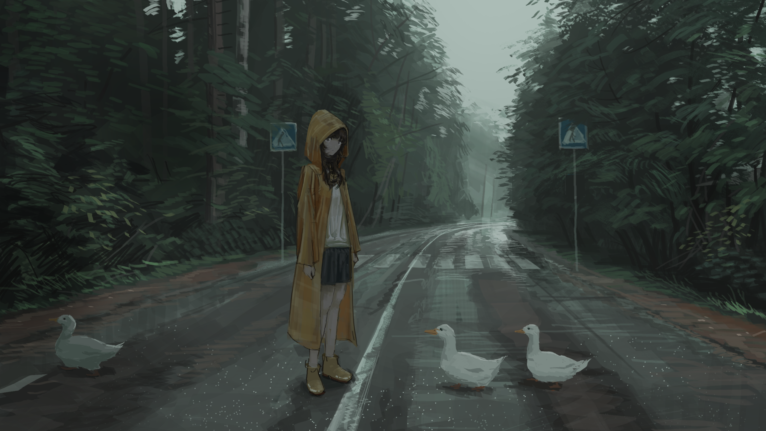 Road Duck Anime Girls Anime Nature Trees Crosswalk Raincoat Artwork PANP 2560x1440