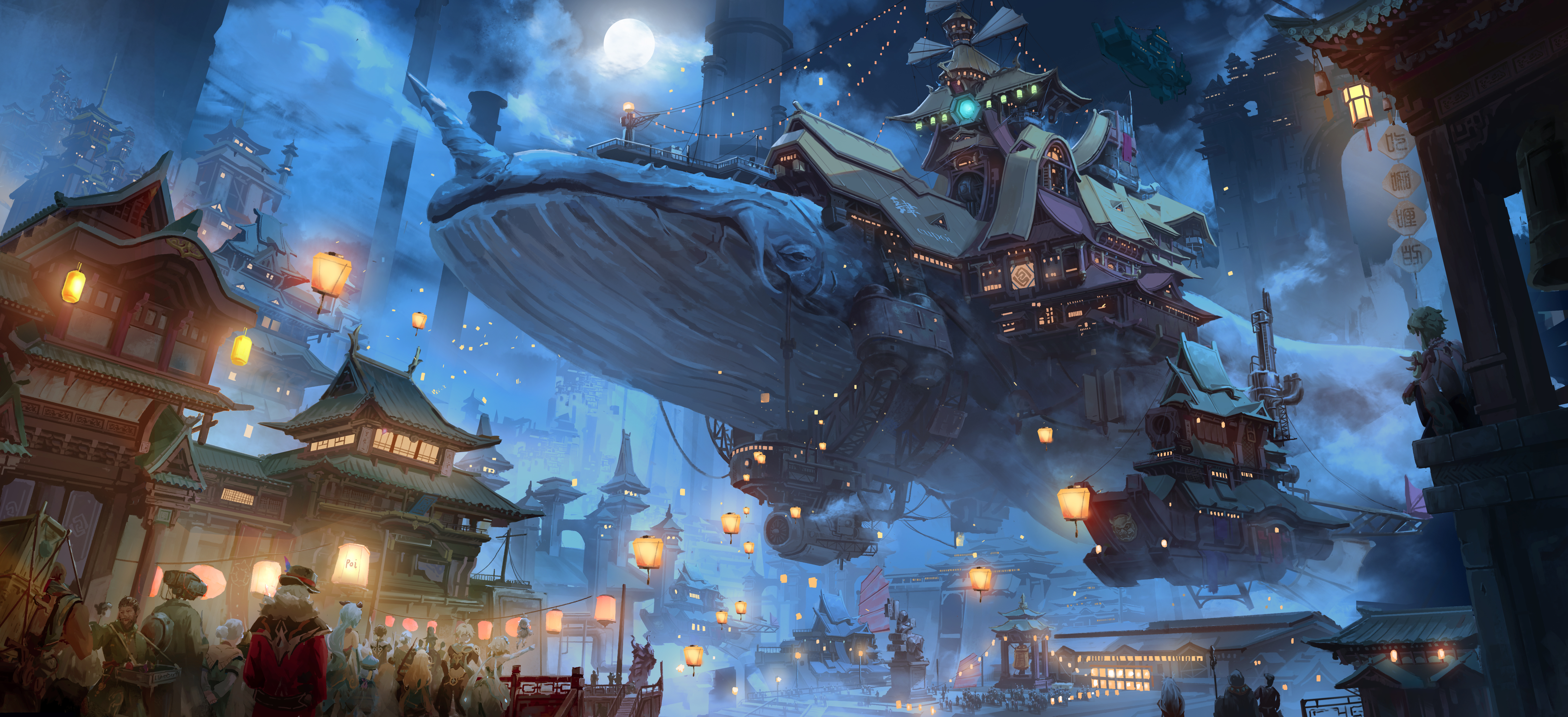 Night Video Game Art Fantasy Architecture Genshin Impact Fan Art Asian Architecture City Whale Chine 6429x2941