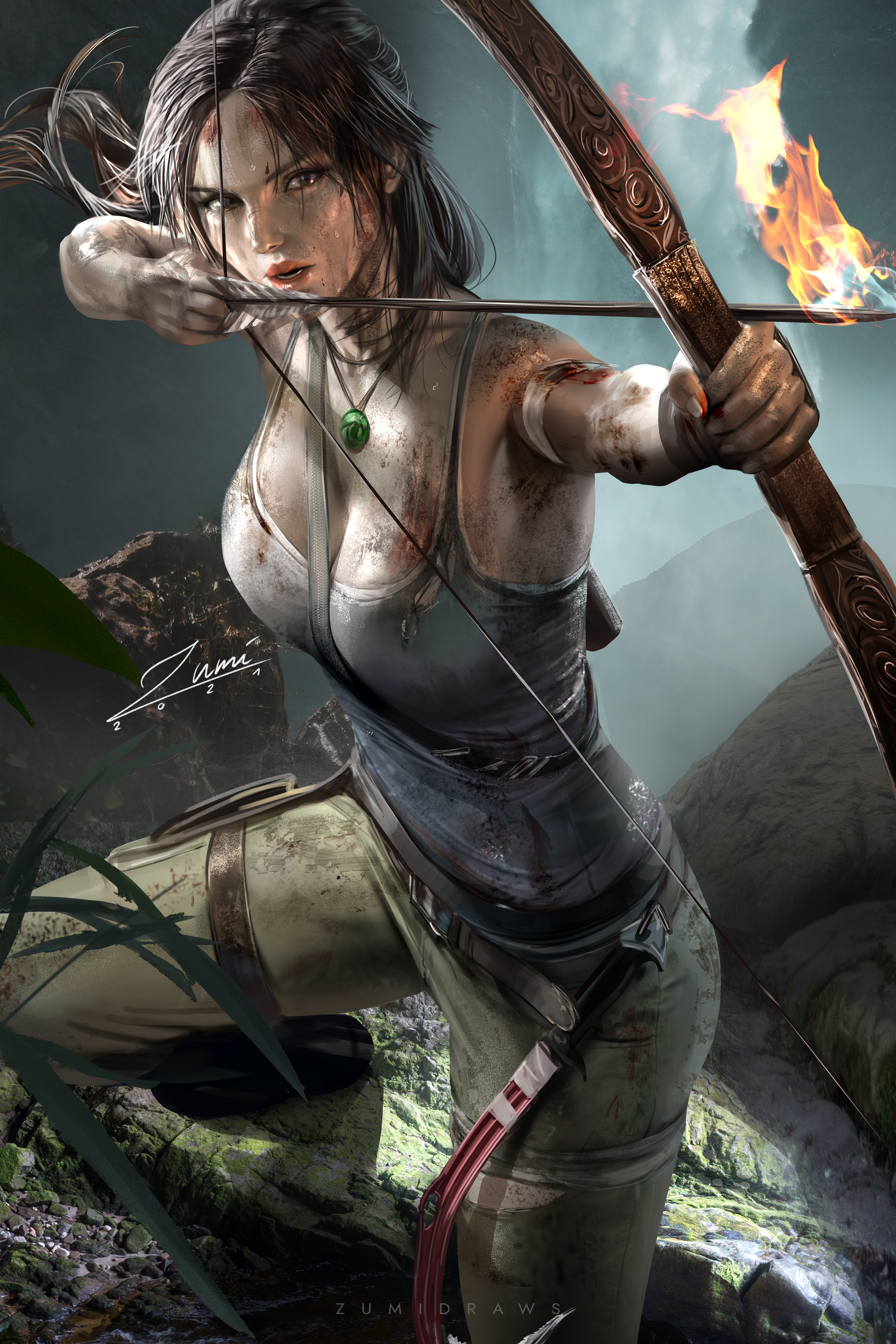 Lara Croft Tomb Raider Video Games Video Game Girls Brunette Ponytail Bow Arrows Dirty Parted Lips N 2339x3508