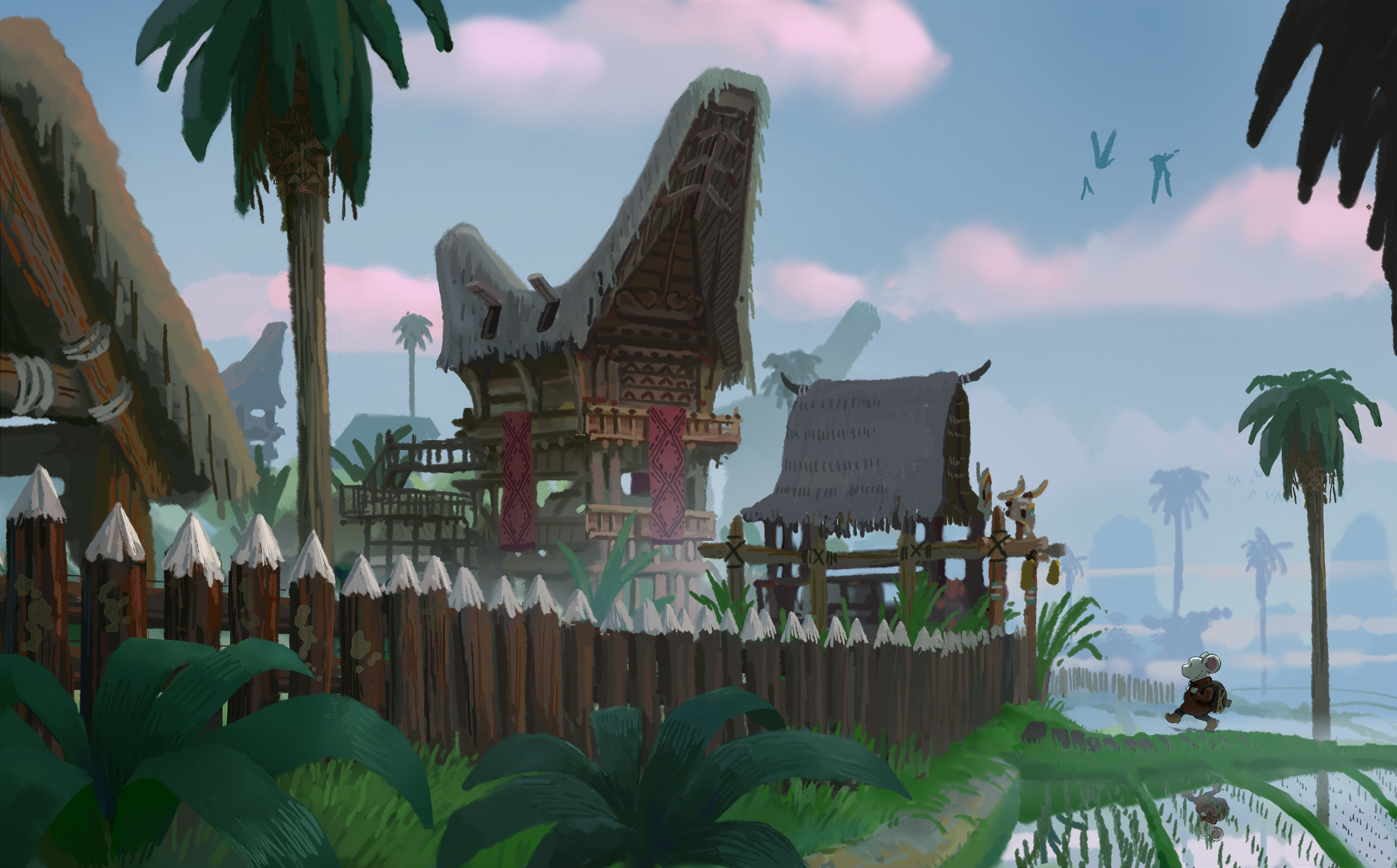 Ryo Yambe Rodent Clouds Backpacks Fence Wood Fence Trees Palm Trees Water Birds Plants Mice Anthro 2500x1554